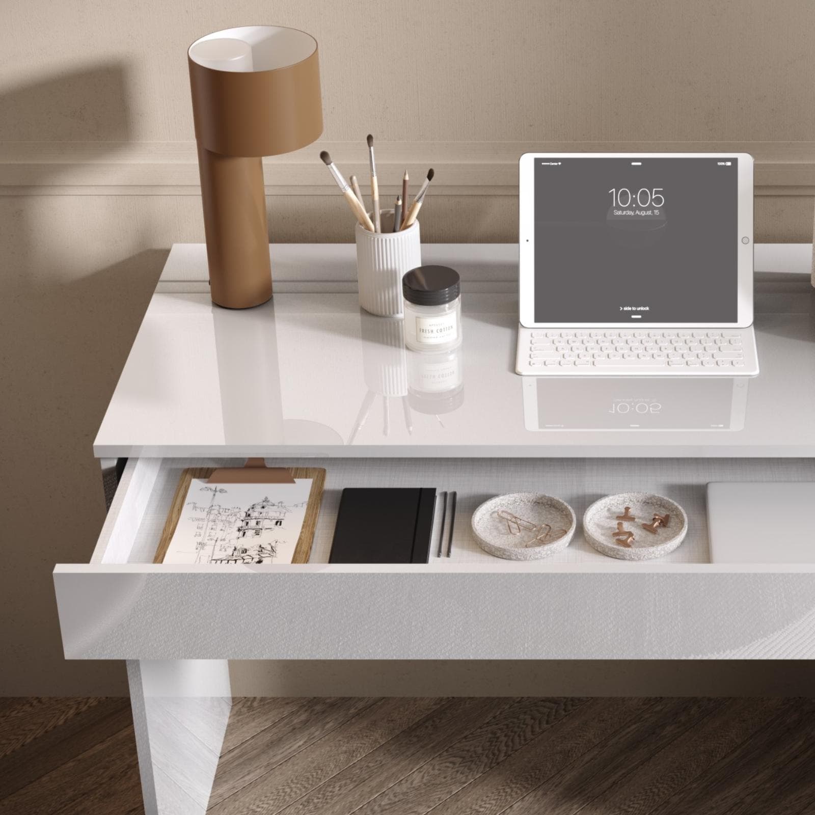Scrivania 110x50 cm bianco lucido con un cassetto - Zendo