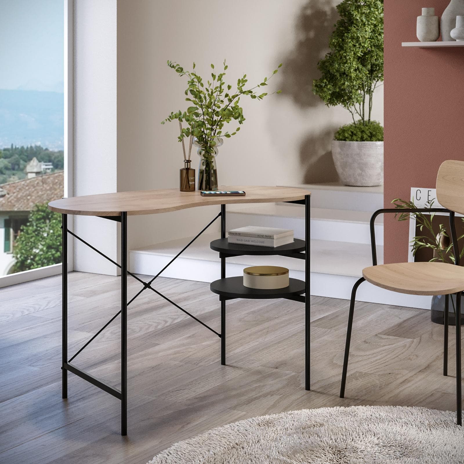 Scrivania 110x55 cm top in legno e struttura in metallo nero con ripiani laterali - Clefy