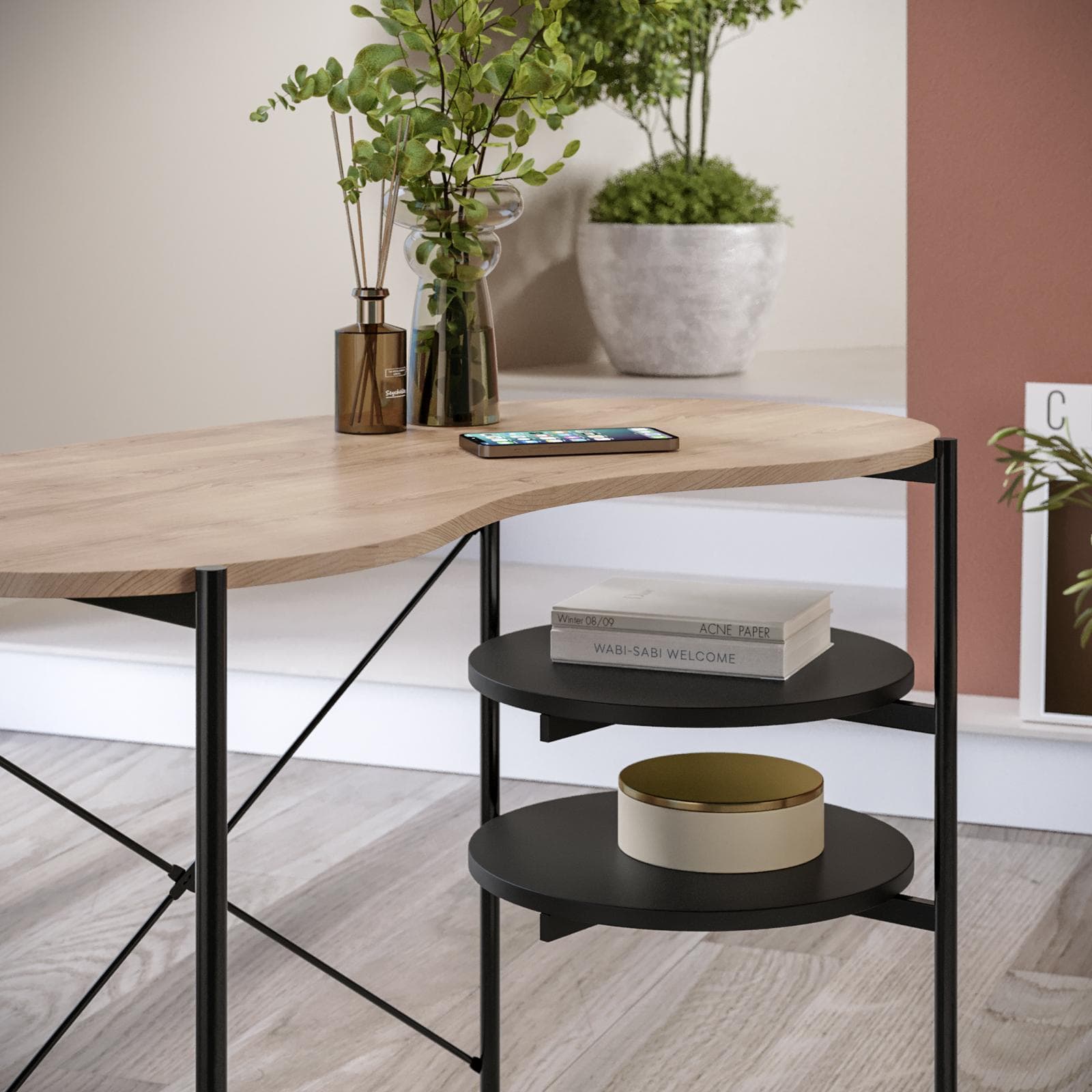 Scrivania 110x55 cm top in legno e struttura in metallo nero con ripiani laterali - Clefy