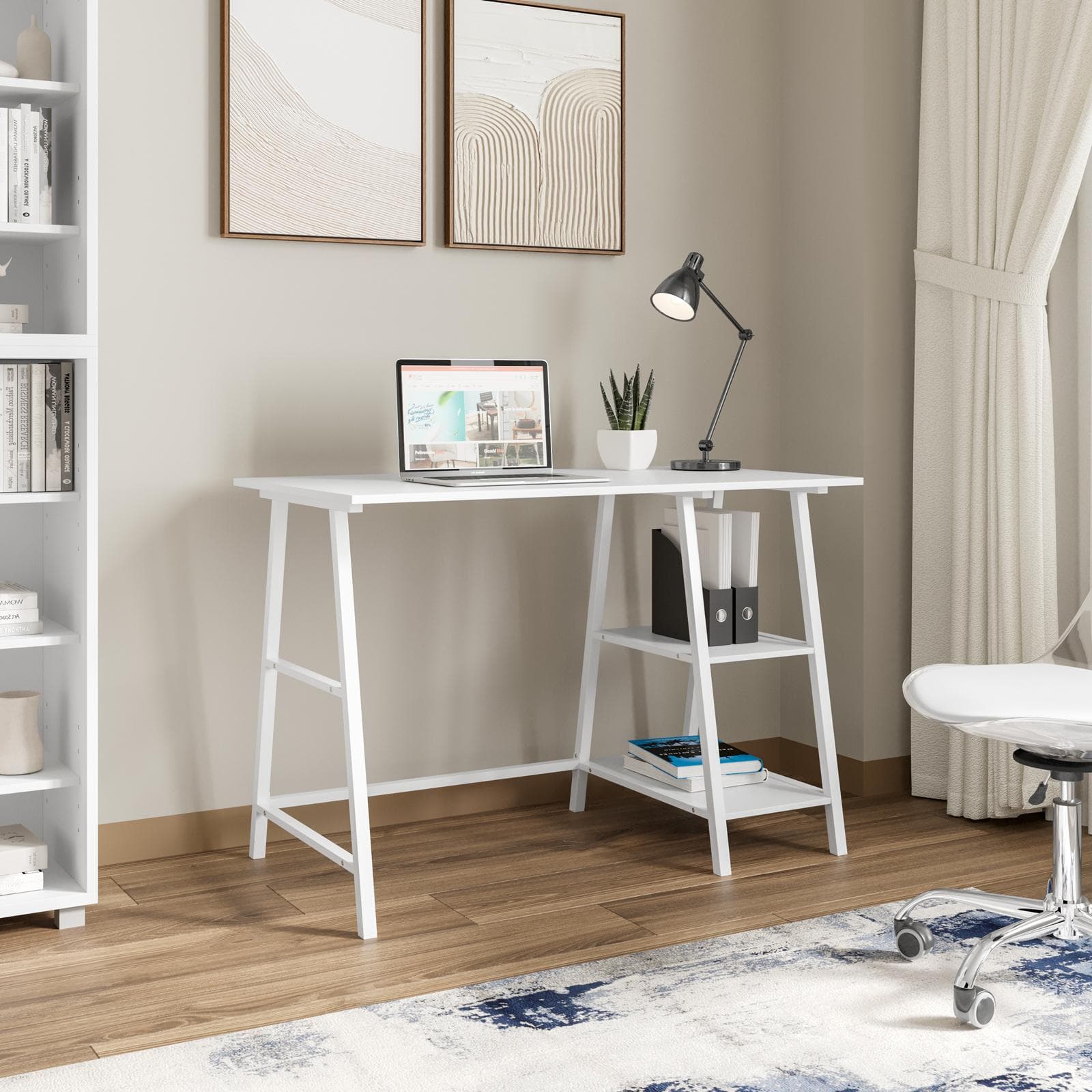 Scrivania 110x60 cm bianco effetto legno e struttura in metallo bianco con ripiani - Sally