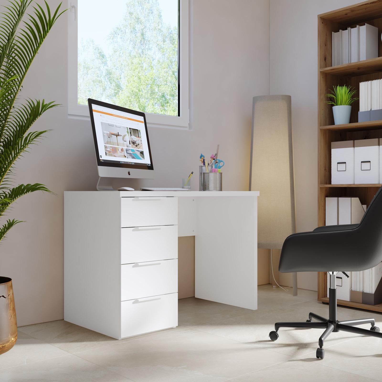 Scrivania 110x60 cm bianco opaco spessore top 30 mm con 4 cassetti - Delhi