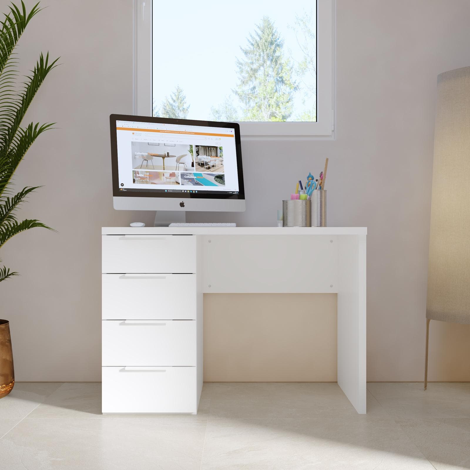 Scrivania 110x60 cm bianco opaco spessore top 30 mm con 4 cassetti - Delhi