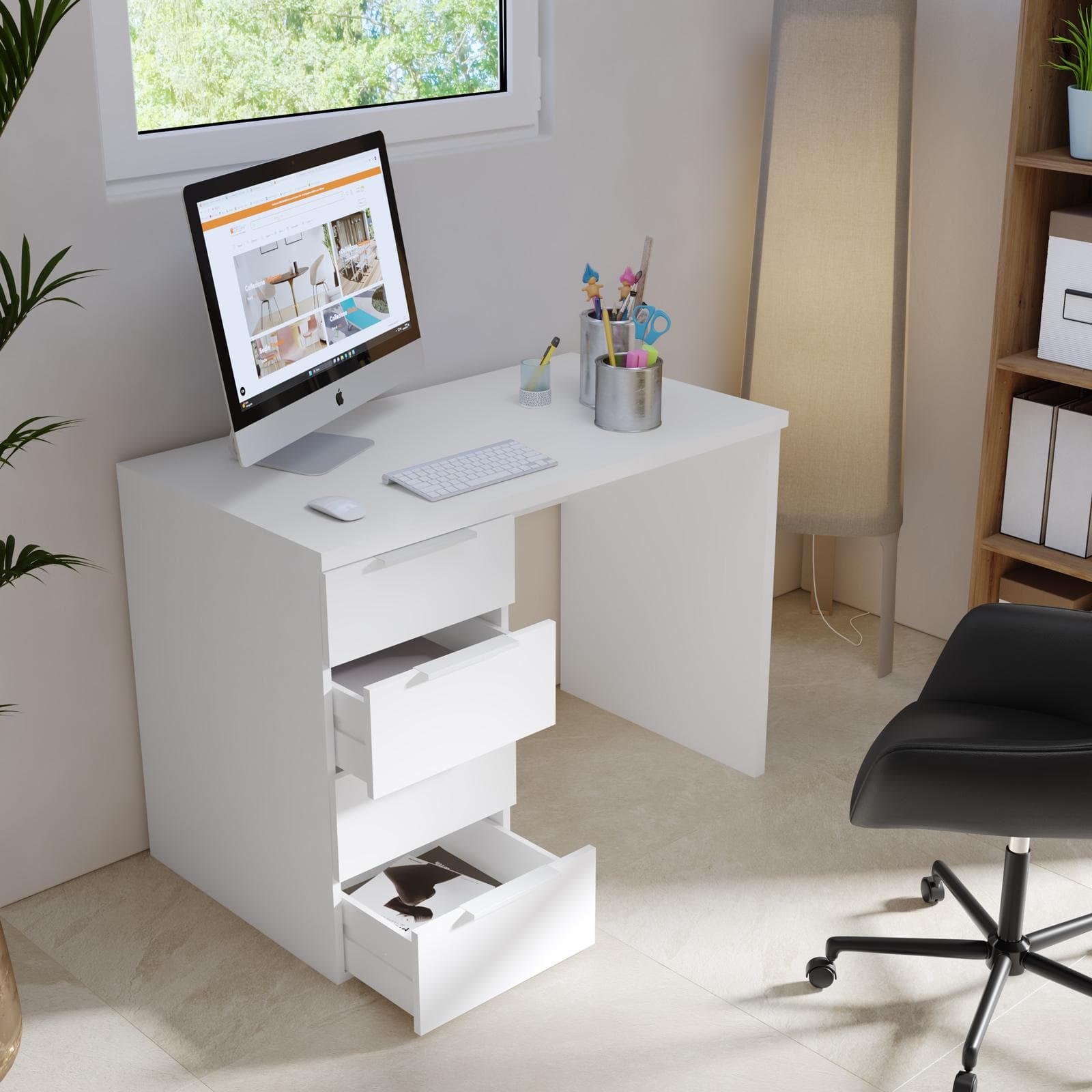Scrivania 110x60 cm bianco opaco spessore top 30 mm con 4 cassetti - Delhi