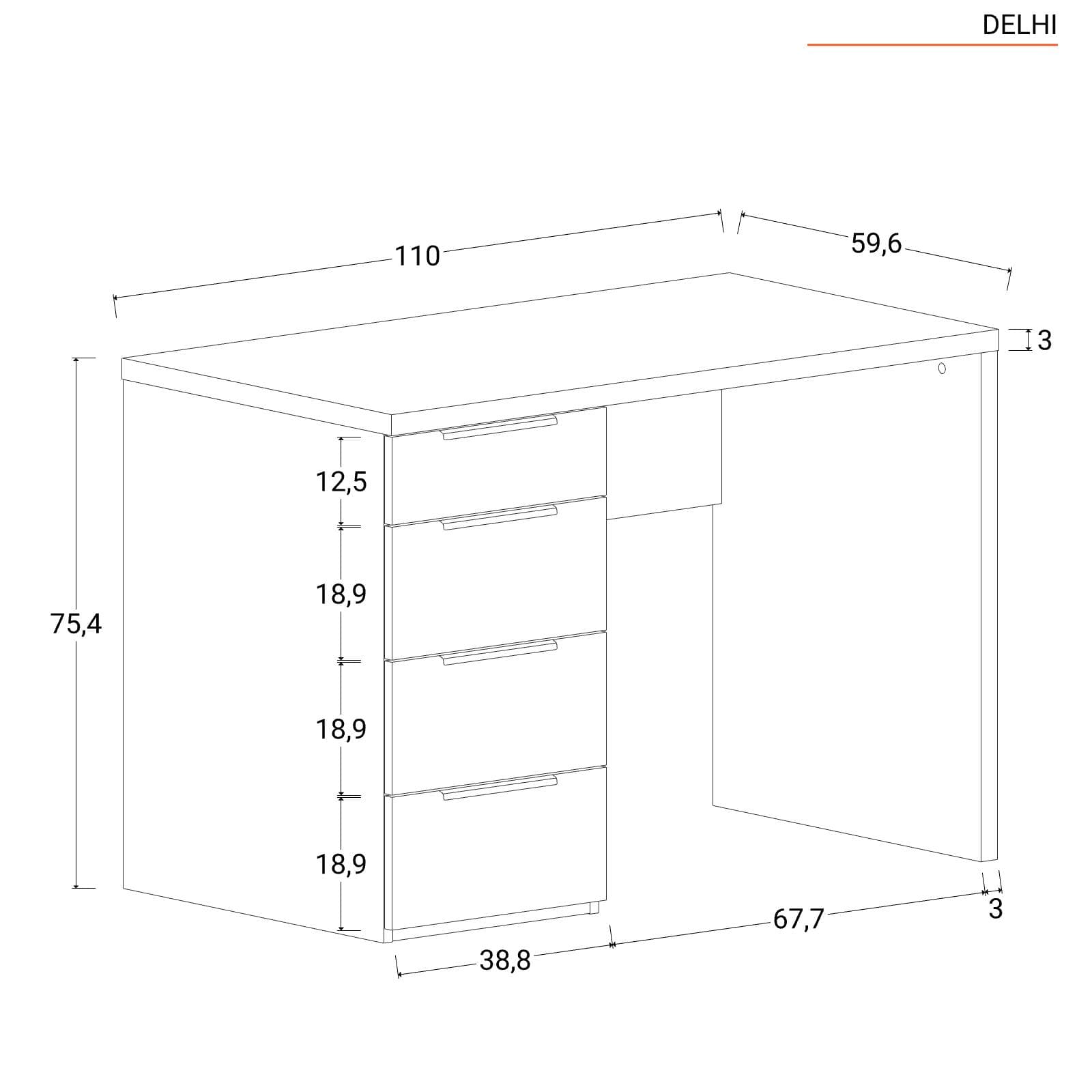 Scrivania 110x60 cm bianco opaco spessore top 30 mm con 4 cassetti - Delhi