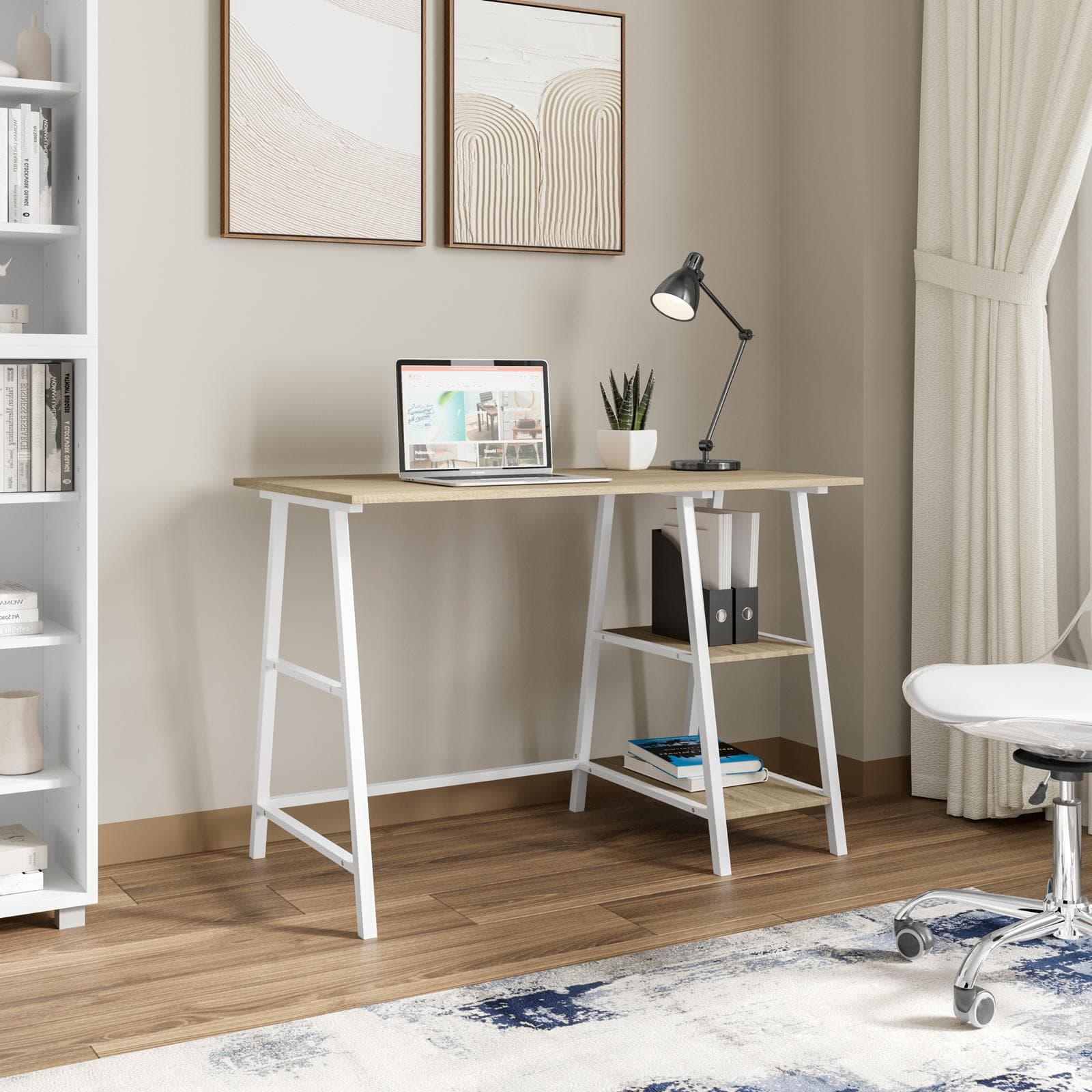 Scrivania 110x60 cm rovere e struttura in metallo bianco con ripiani - Sally