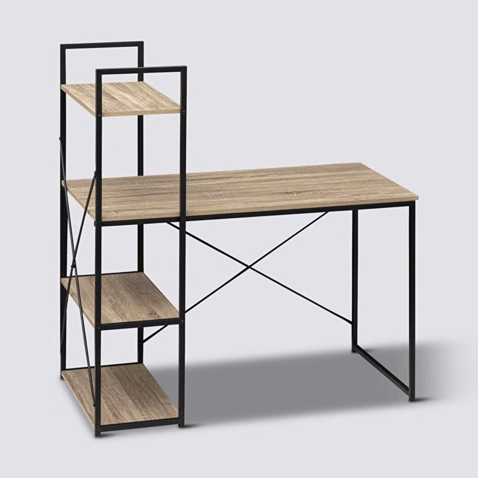 Scrivania 113x120h cm in acciaio nero ed effetto rovere con libreria integrata - Emyl