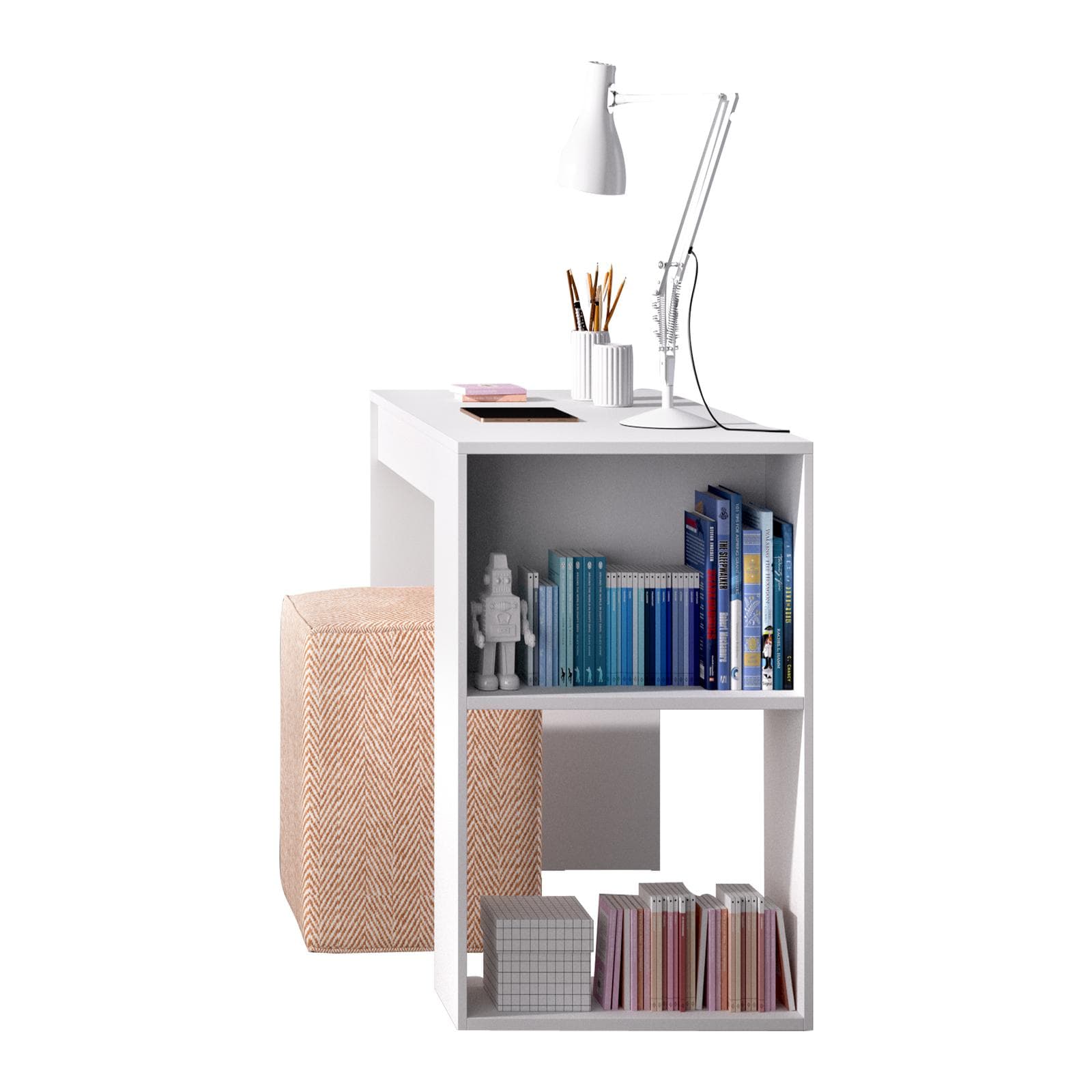 Scrivania 115x74 cm reversibile in legno bianco con vani a giorno e cassetto - Otis