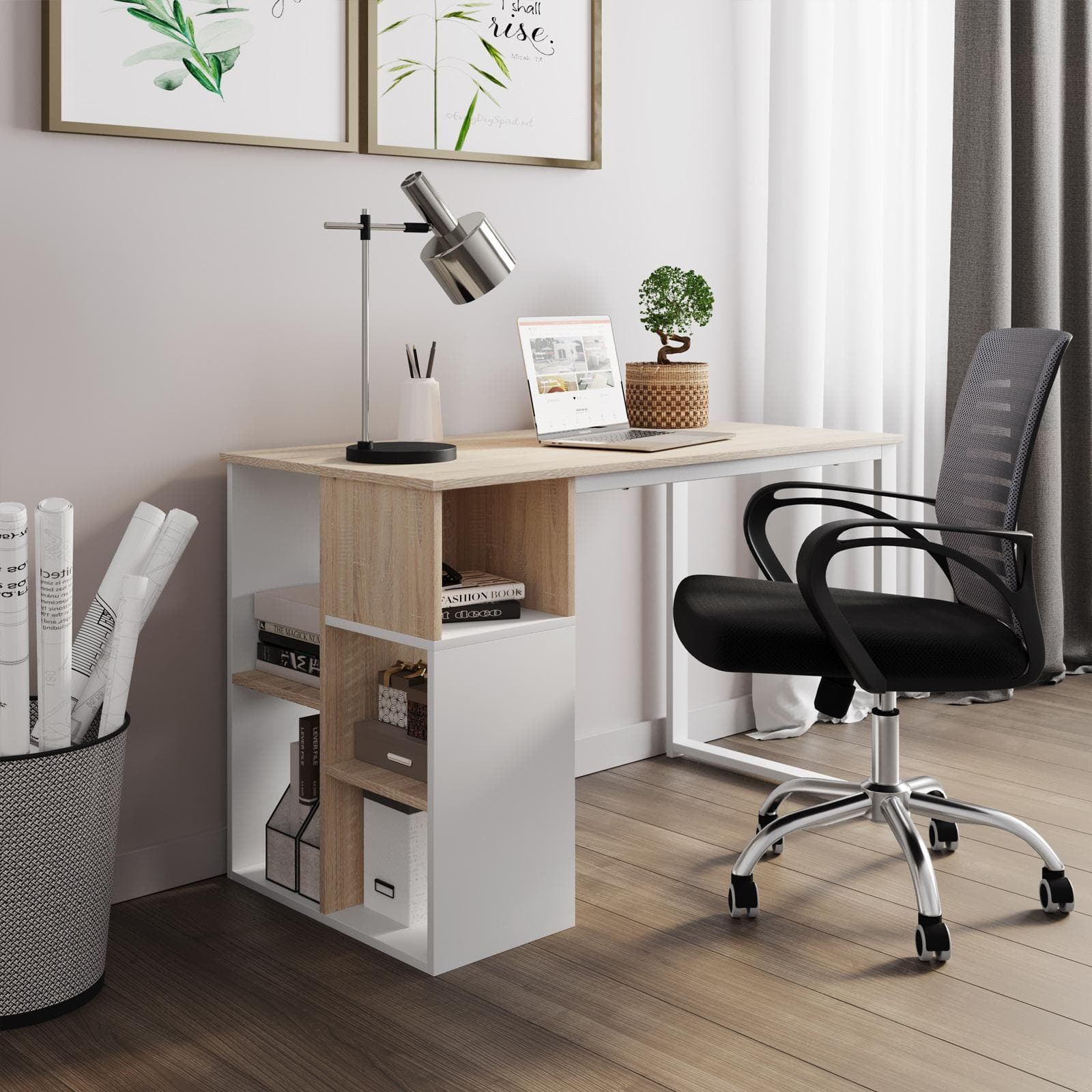 Scrivania 120x60 cm effetto legno e acciaio bianco con vani a giorno - Cubica