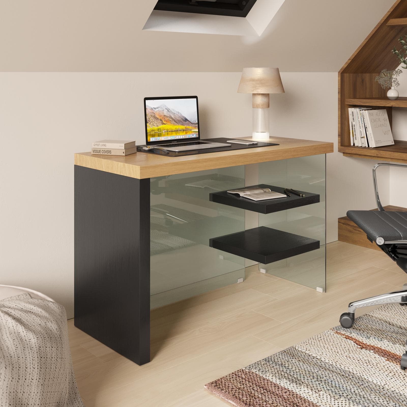 Scrivania 120x50 cm in legno nero e rovere con ripiani e struttura in vetro temperato - City