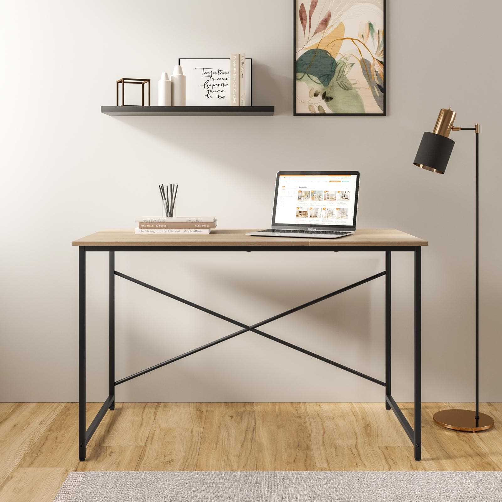 Scrivania 120x60 cm con top effetto rovere chiaro e struttura in metallo nero - Bent