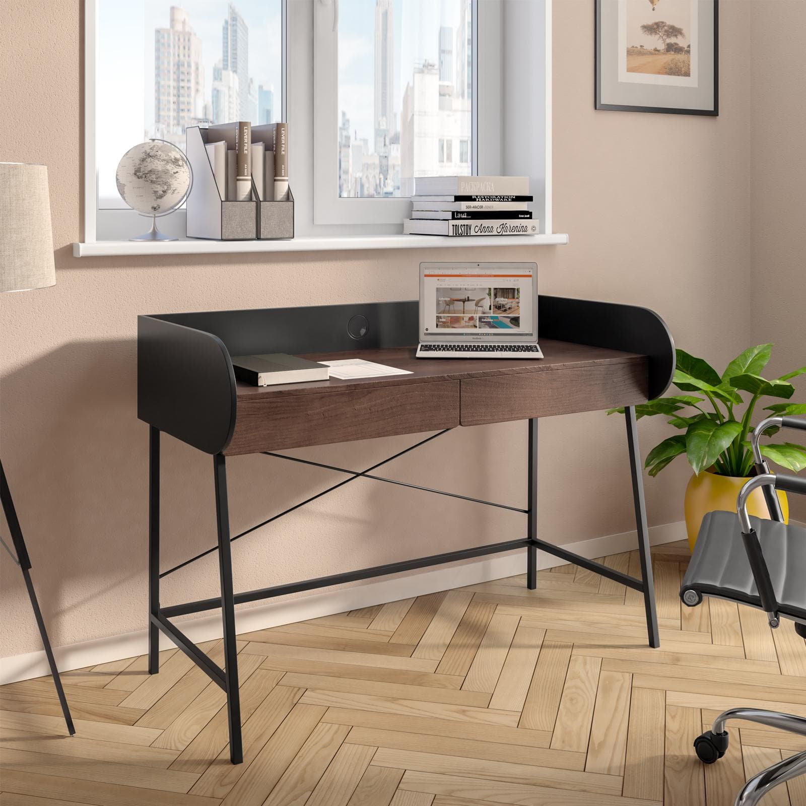 Scrivania 120x60 cm con top in legno noce e struttura in acciaio nero con due cassetti e foro passacavi - Orwell