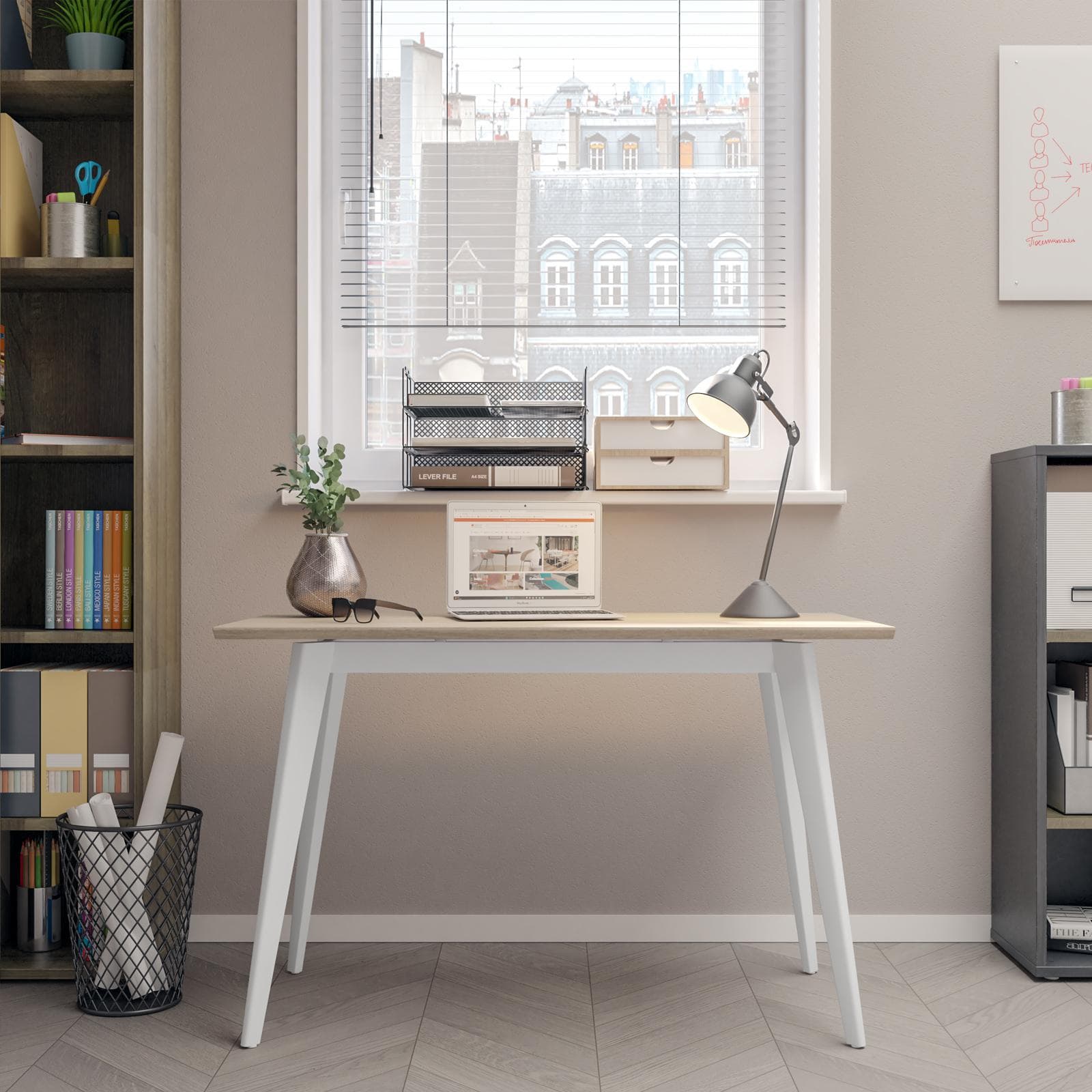 Scrivania 120x60 cm con top in legno rovere e struttura in metallo bianco - Bureau