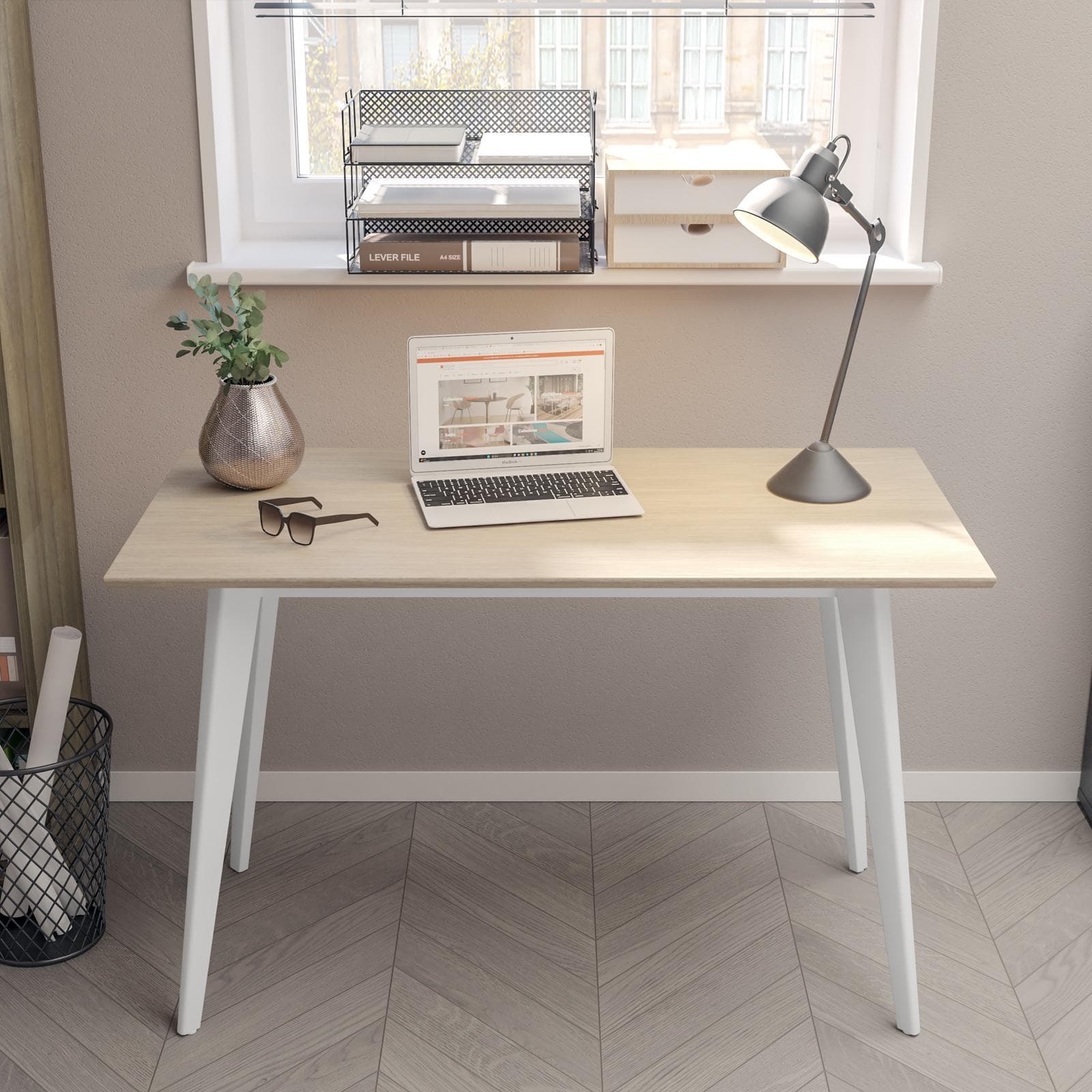 Scrivania 120x60 cm con top in legno rovere e struttura in metallo bianco - Bureau