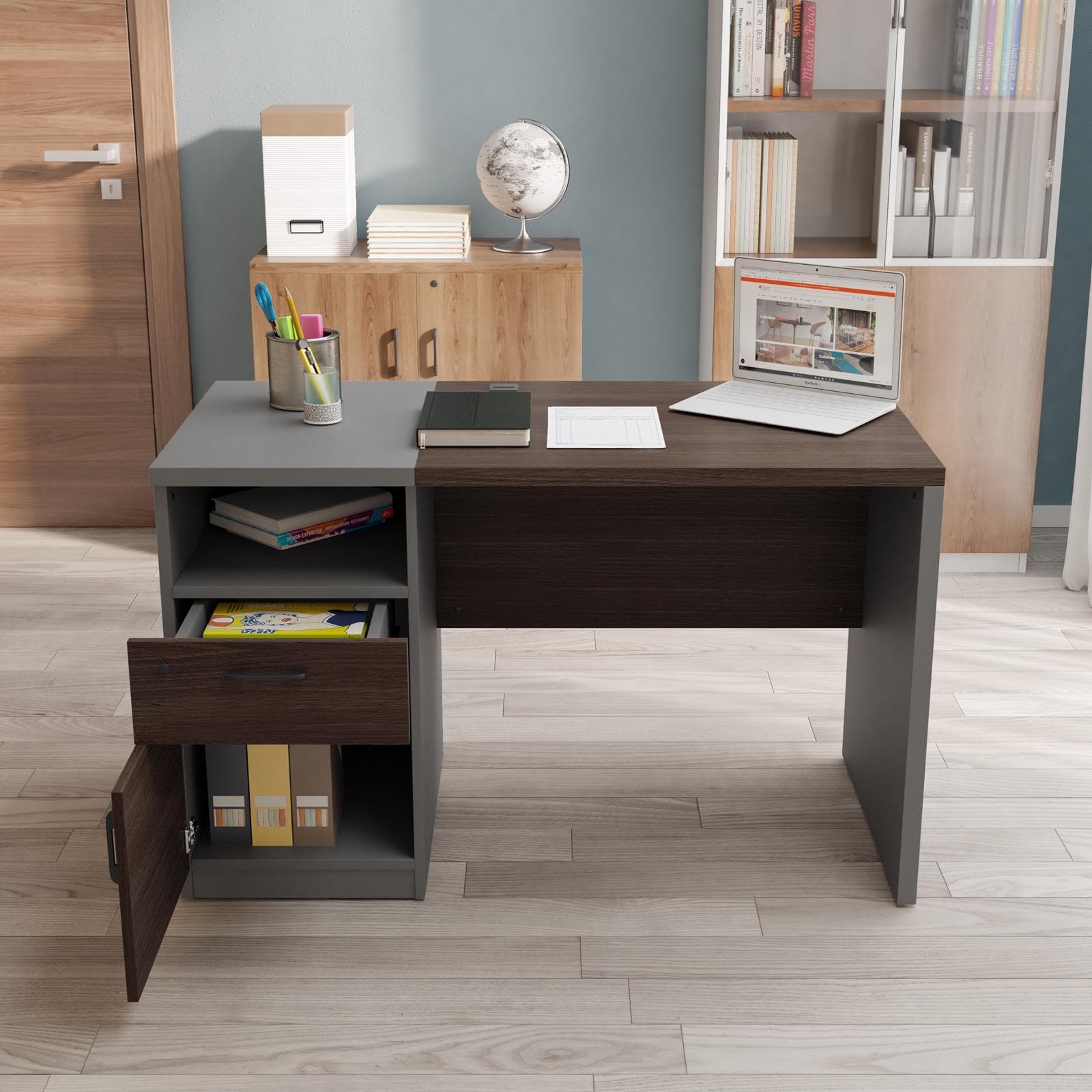 Scrivania 120x60 cm in legno noce e grigio con cassettiera integrata e soft close - Lenox