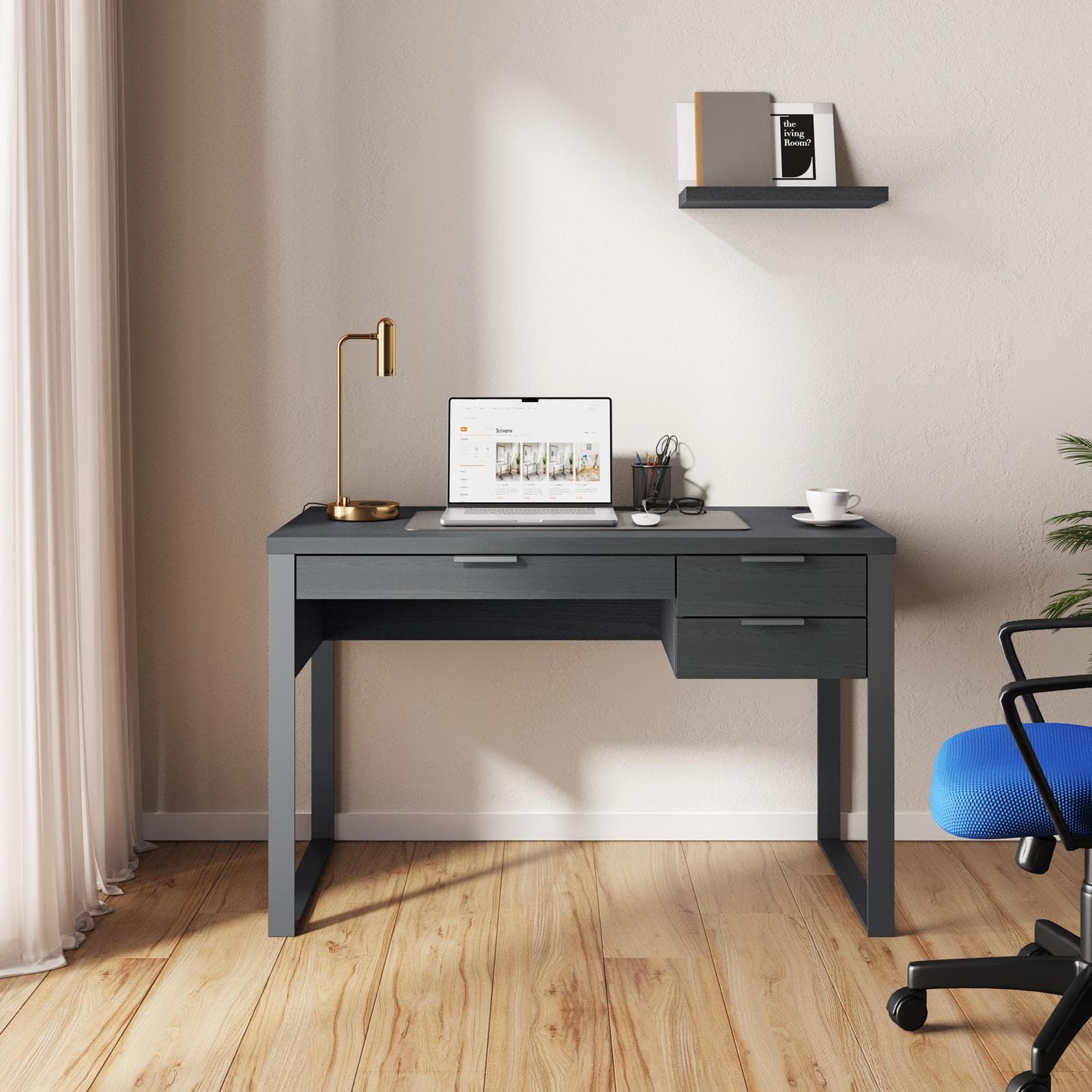 Scrivania 120x60 cm in legno rovere carbone con porta usb e cassetti - Belvedere