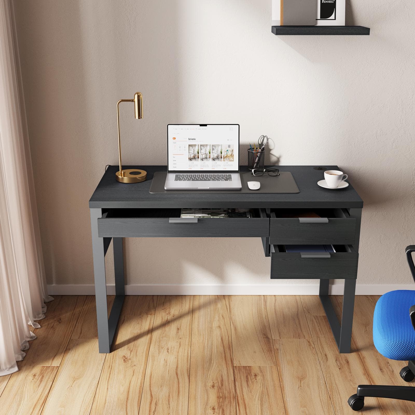 Scrivania 120x60 cm in legno rovere carbone con porta usb e cassetti - Belvedere