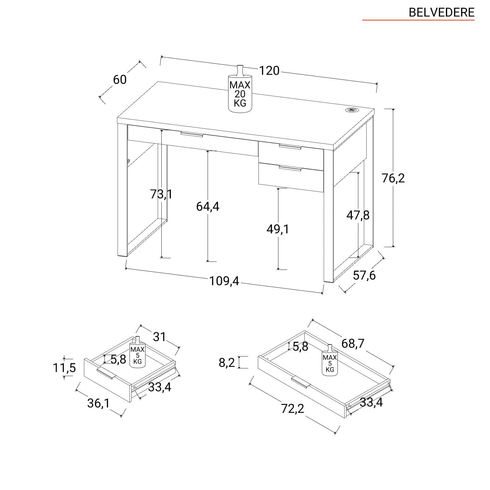 Scrivania 120x60 cm in legno rovere carbone con porta usb e cassetti - Belvedere