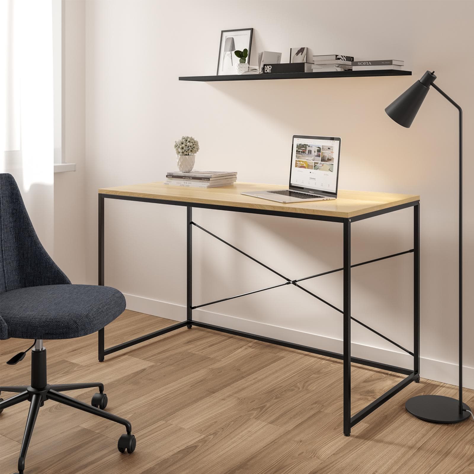 Scrivania 120x60 cm con top effetto rovere e struttura in metallo nero - Caio