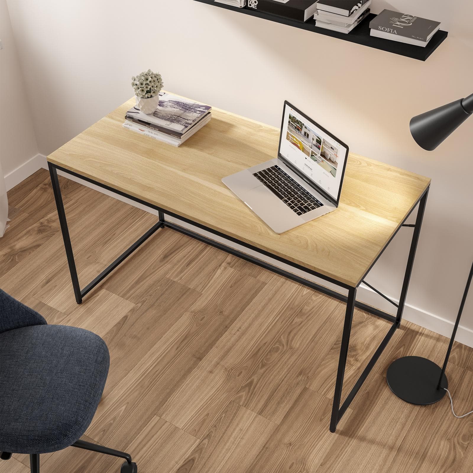 Scrivania 120x60 cm con top effetto rovere e struttura in metallo nero - Caio