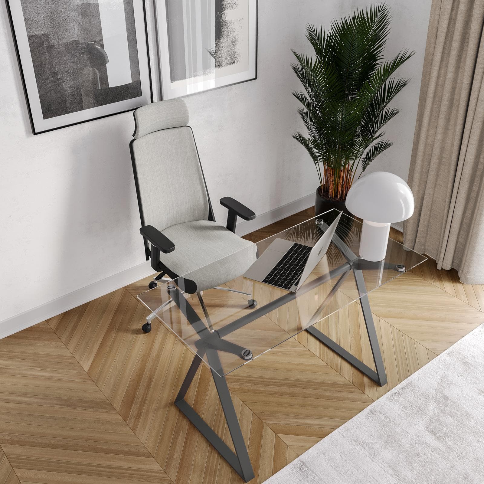 Scrivania 120x60 cm piano vetro temperato e base in acciaio grigio - Masao