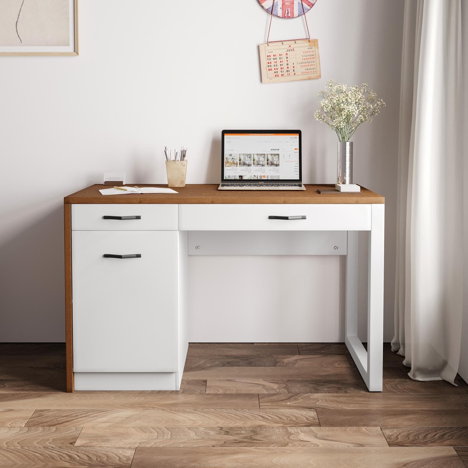 Scrivania 120x75h in legno bianco con top rovere e cassettiera integrata - Gaude