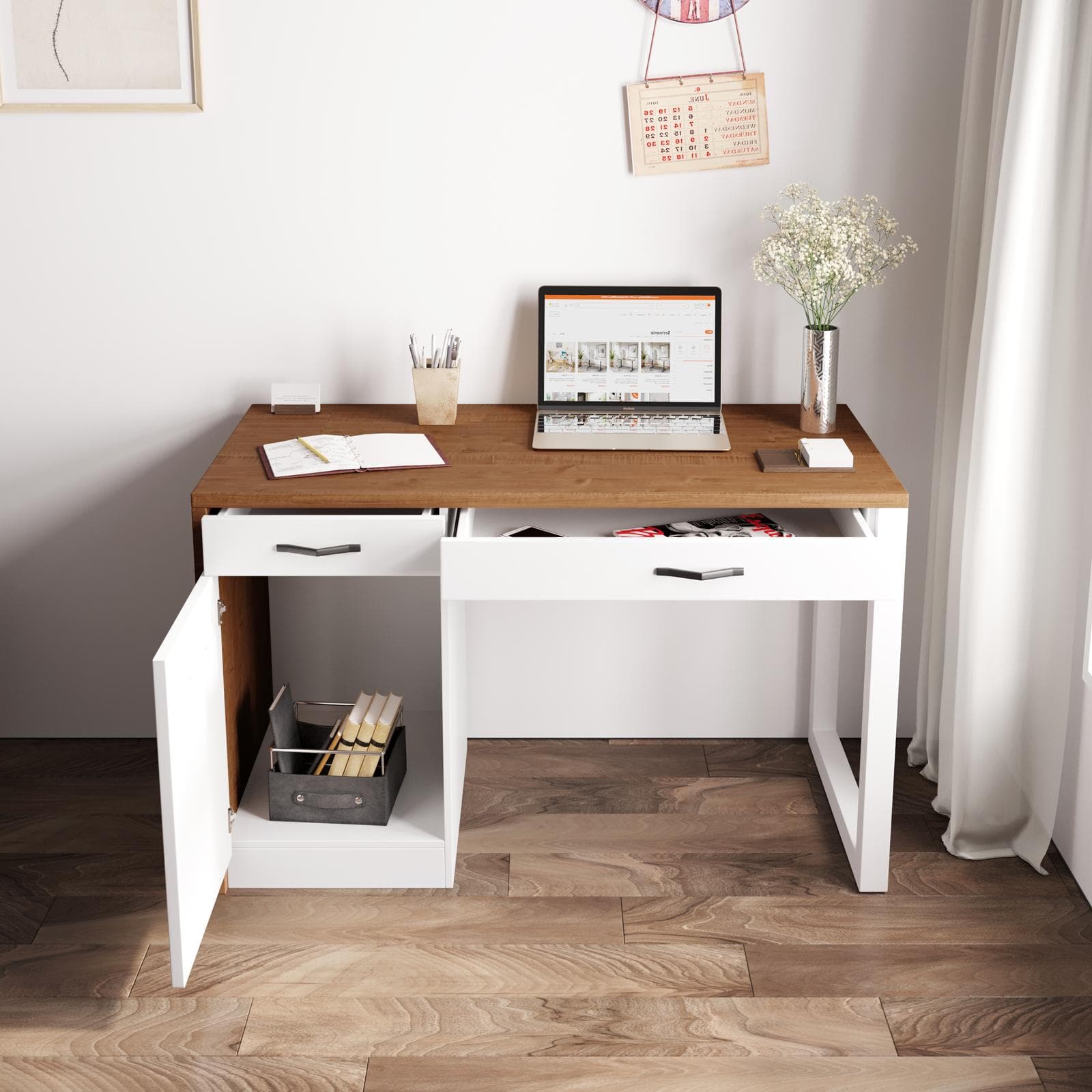 Scrivania 120x75h in legno bianco con top rovere e cassettiera integrata - Gaude