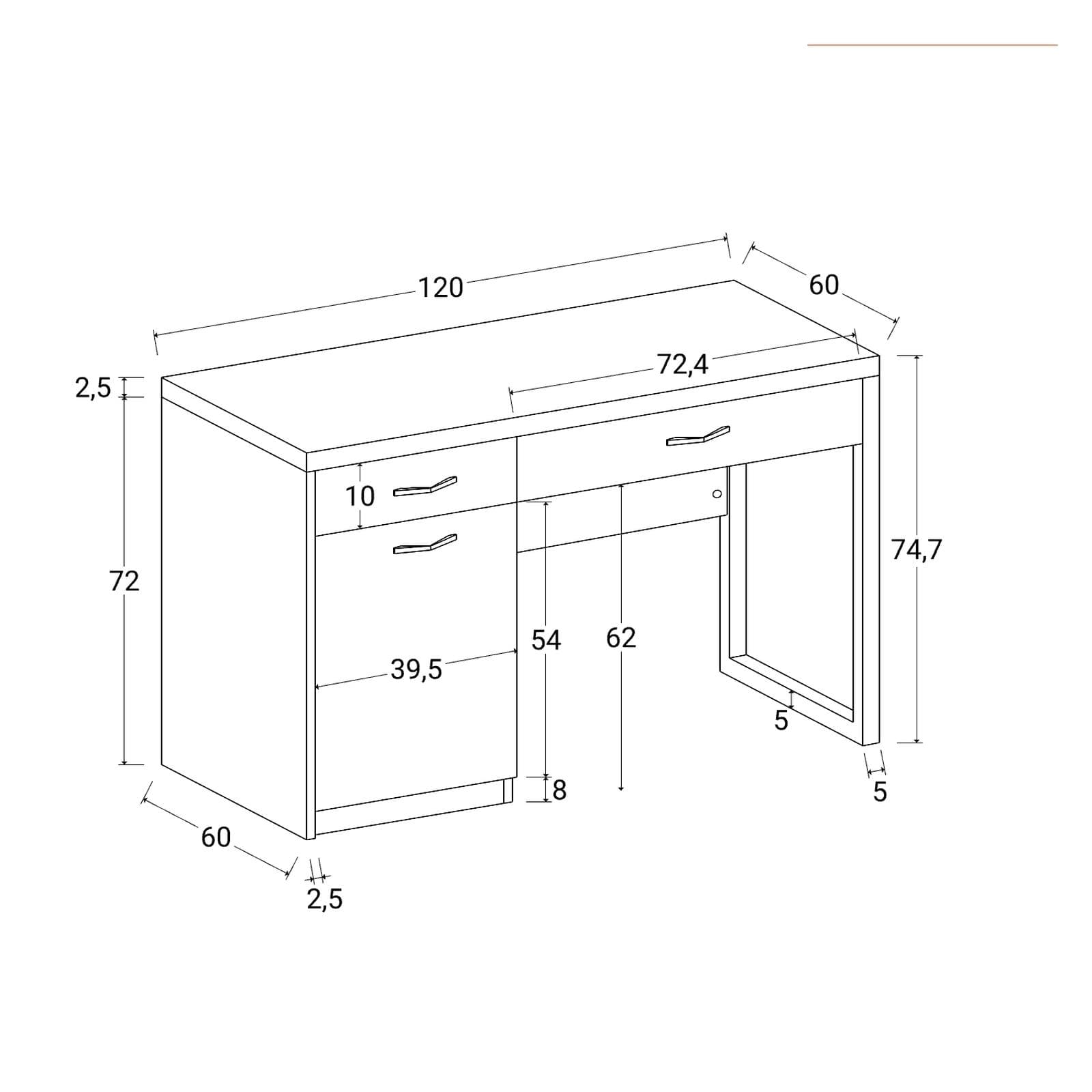 Scrivania 120x75h in legno bianco con top rovere e cassettiera integrata - Gaude