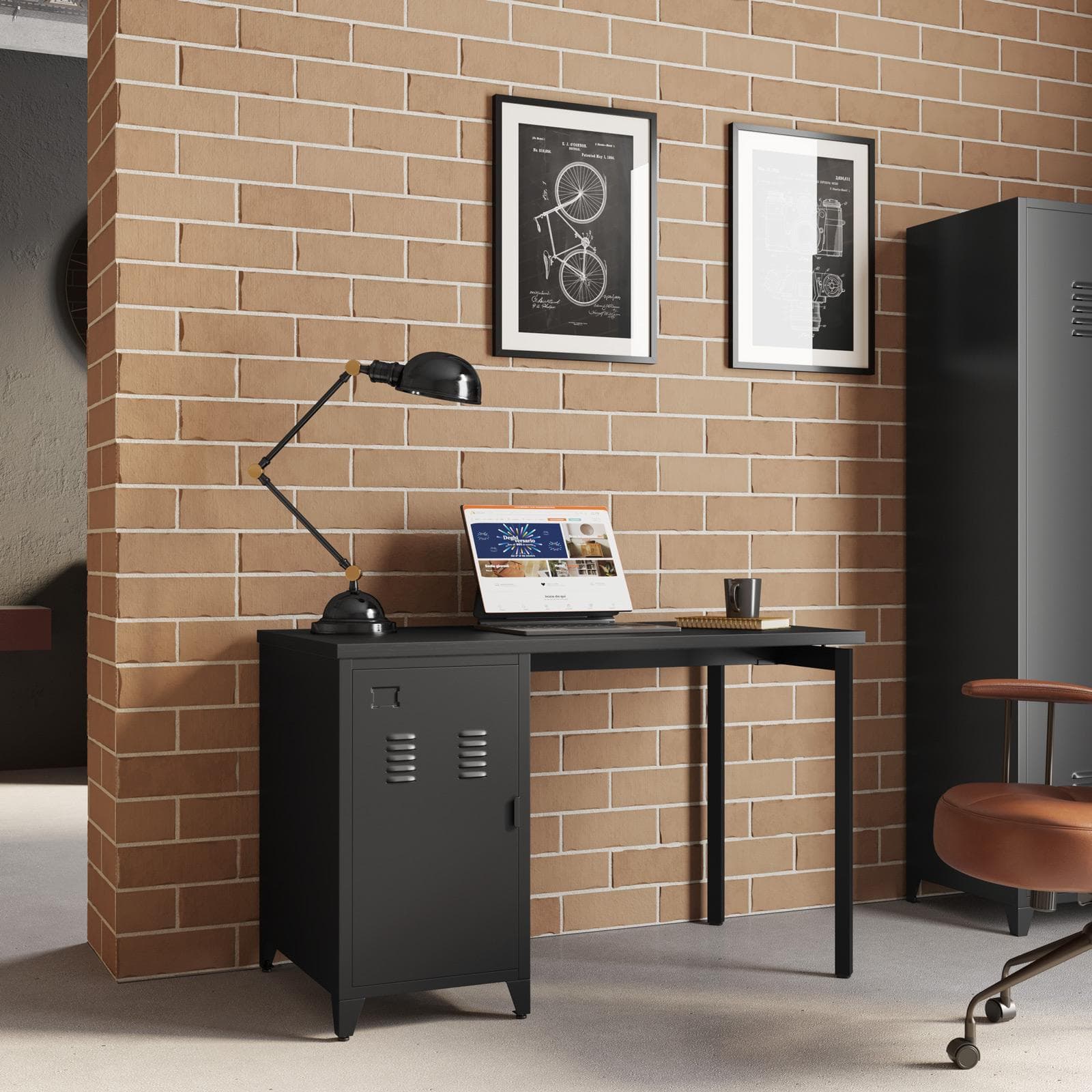 Scrivania 120x76h cm in acciaio verniciato nero con armadietto - Easton