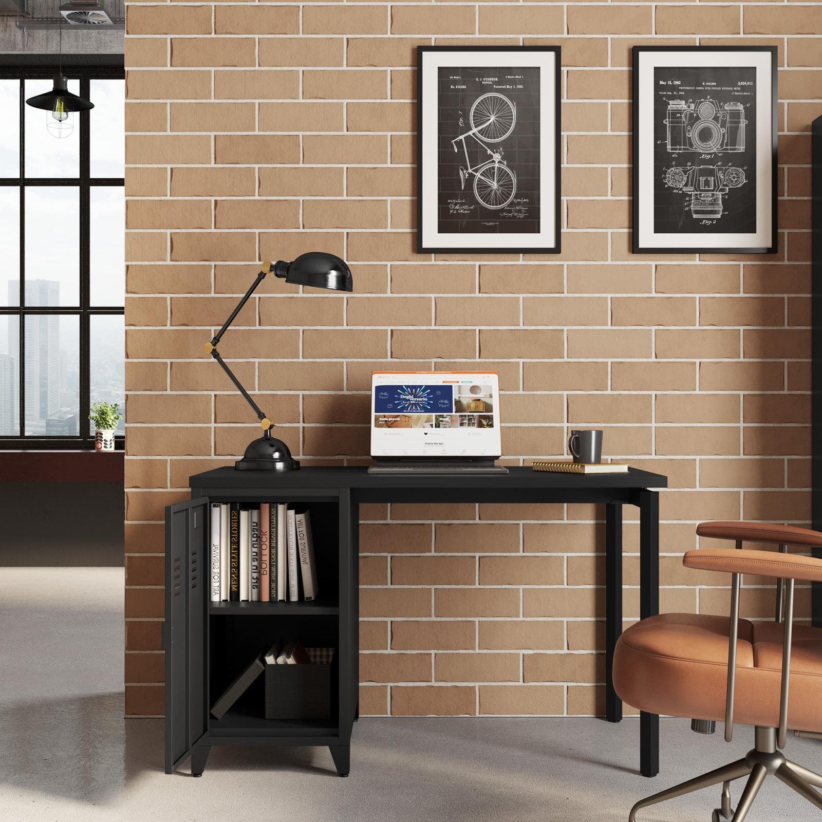 Scrivania 120x76h cm in acciaio verniciato nero con armadietto - Easton