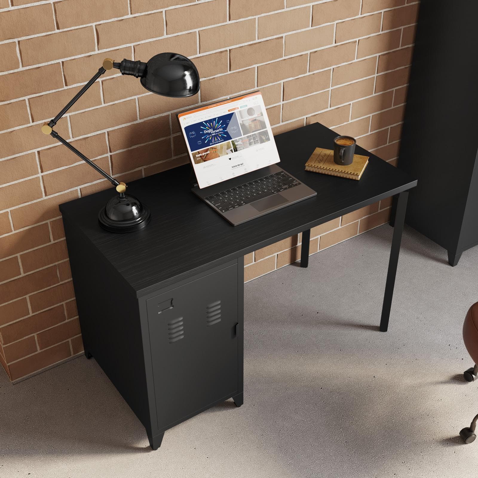 Scrivania 120x76h cm in acciaio verniciato nero con armadietto - Easton