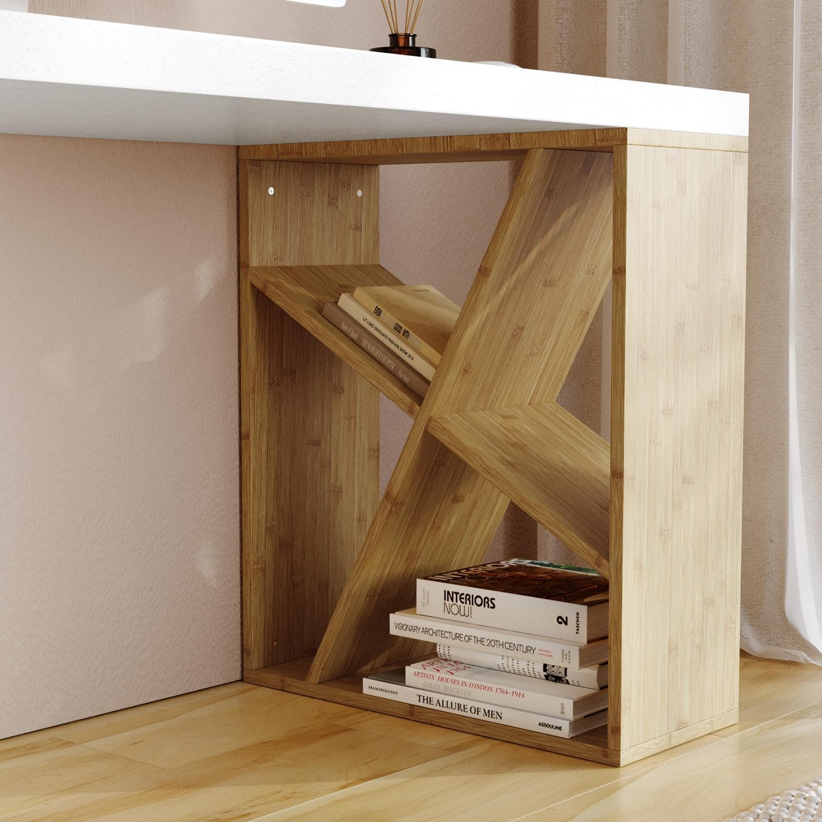 Scrivania 120x60 cm con top in legno bianco con striature oro e libreria in legno di bambù - Spinner
