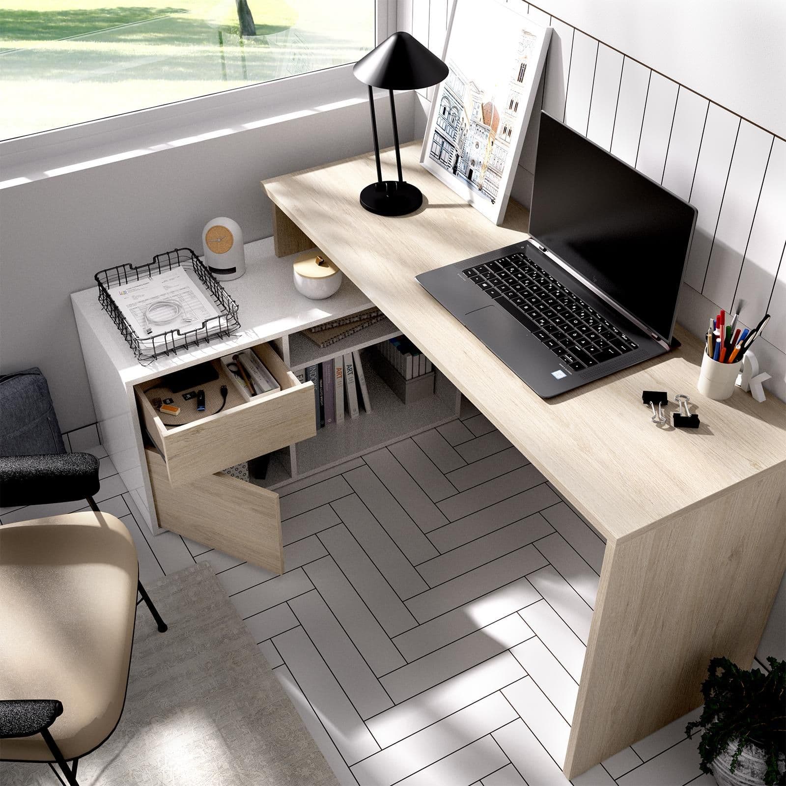 Scrivania reversibile 139x92 cm con mobile contenitore in legno naturale e bianco - Marnie
