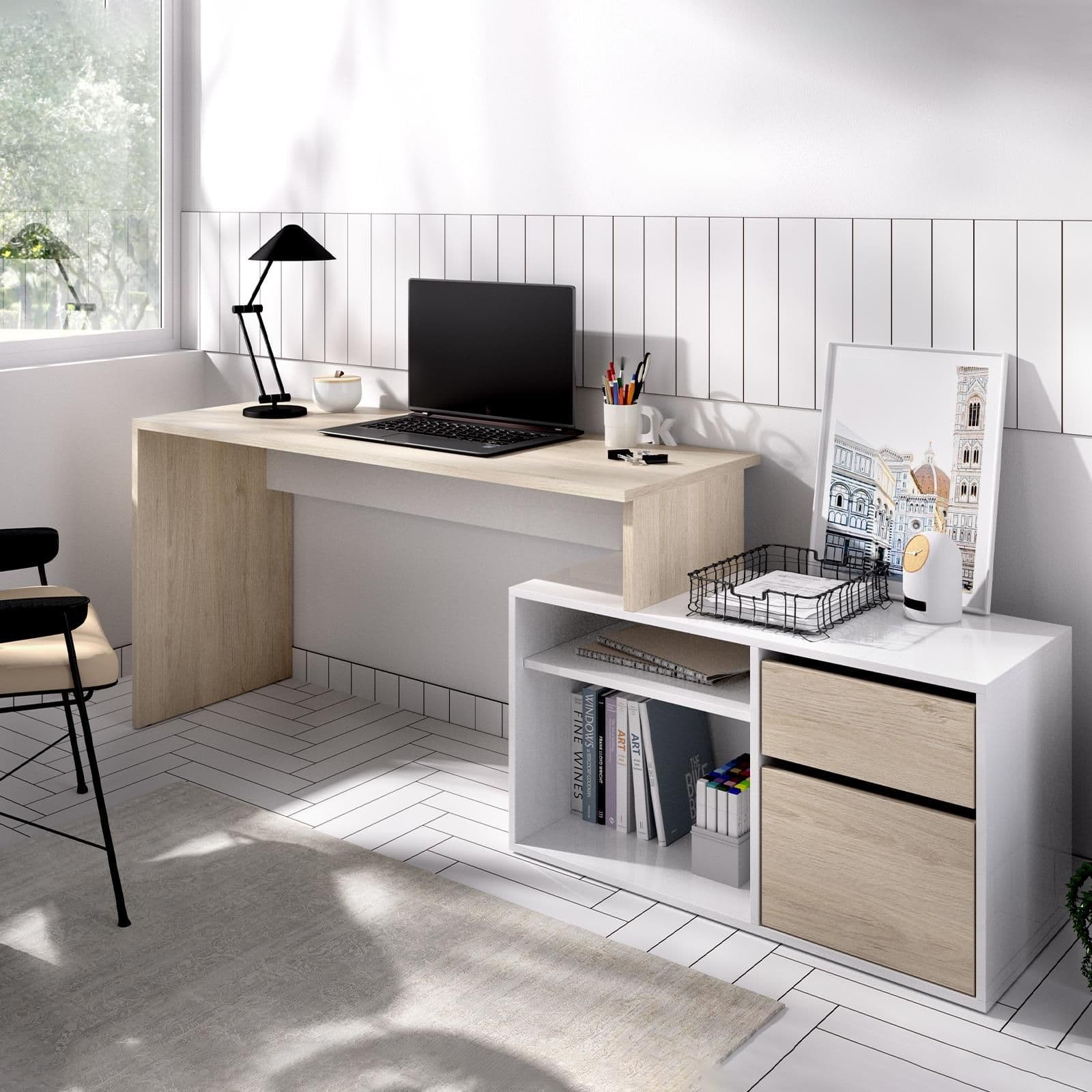 Scrivania reversibile 139x92 cm con mobile contenitore in legno naturale e bianco - Marnie