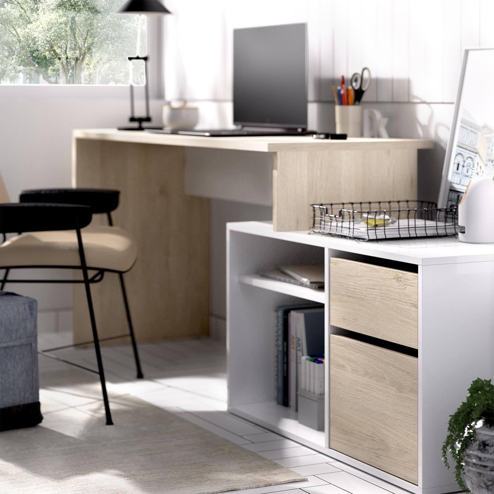 Scrivania reversibile 139x92 cm con mobile contenitore in legno naturale e bianco - Marnie