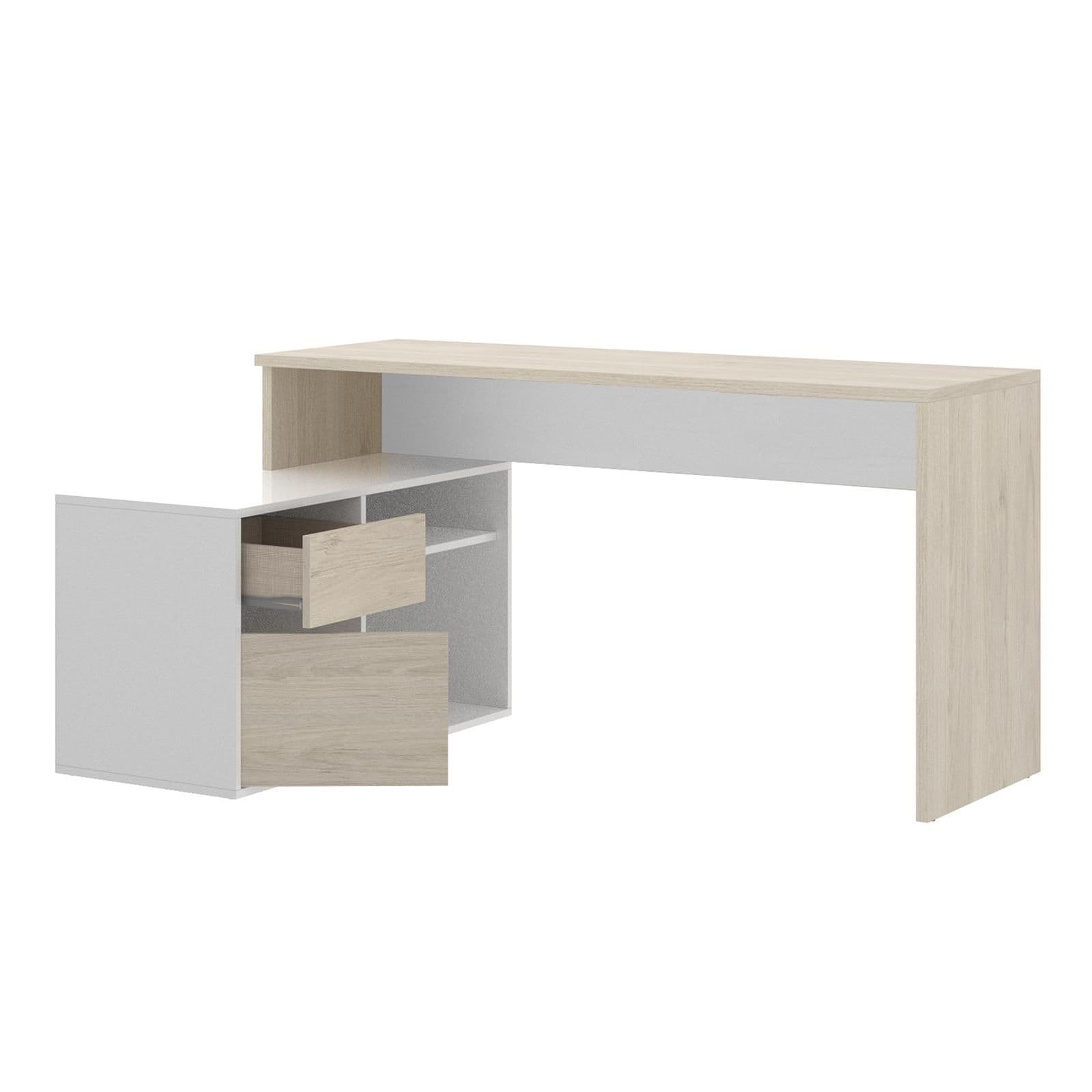 Scrivania reversibile 139x92 cm con mobile contenitore in legno naturale e bianco - Marnie