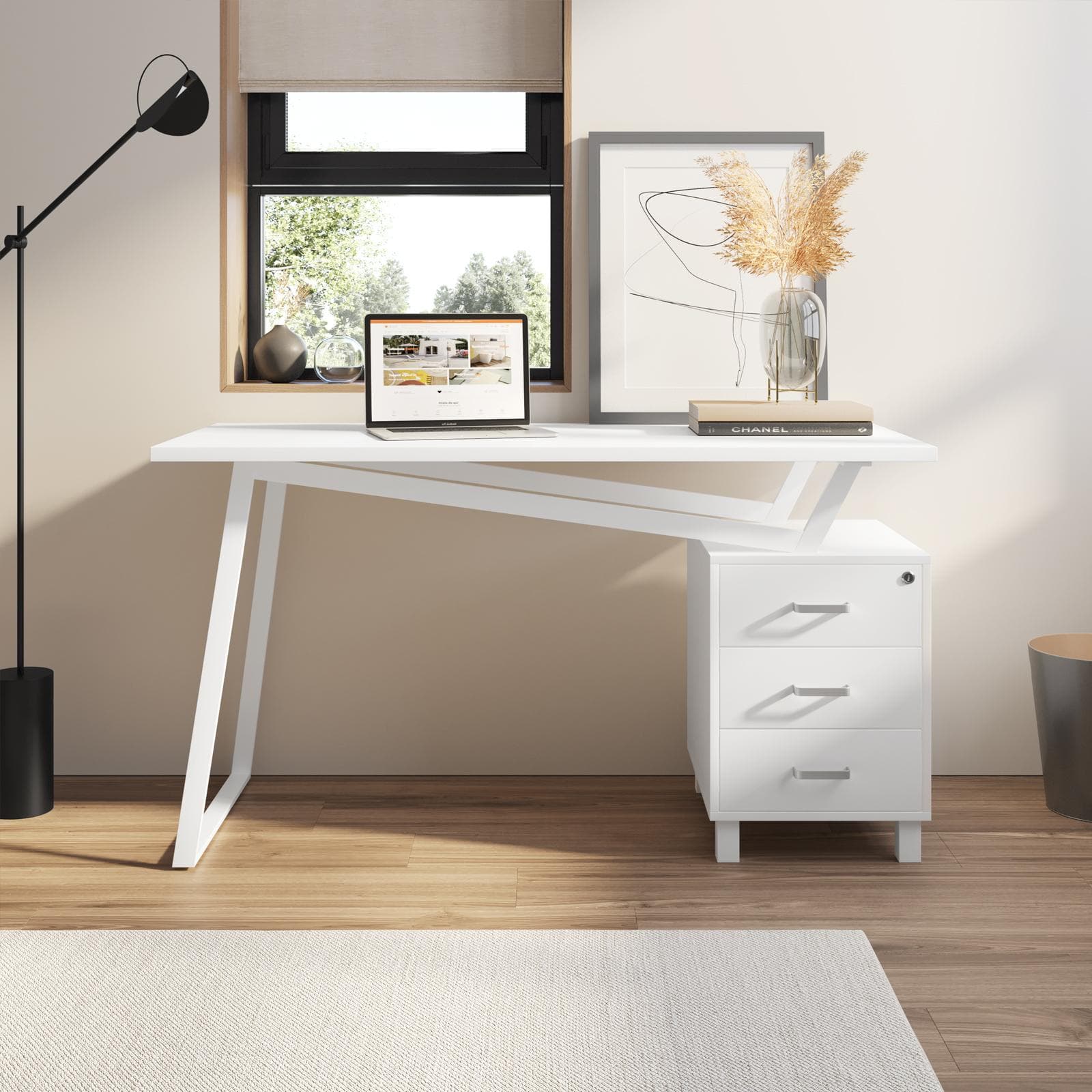 Scrivania 140x60 cm reversibile in legno e acciaio bianco con cassettiera integrata - Arrow