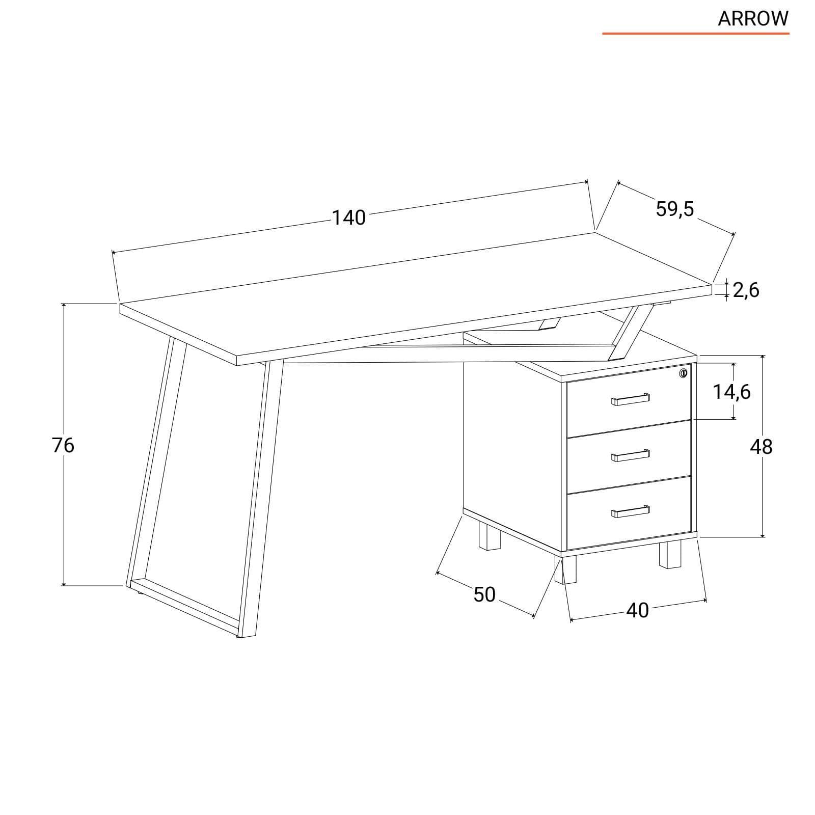 Scrivania 140x60 cm reversibile in legno e acciaio bianco con cassettiera integrata - Arrow