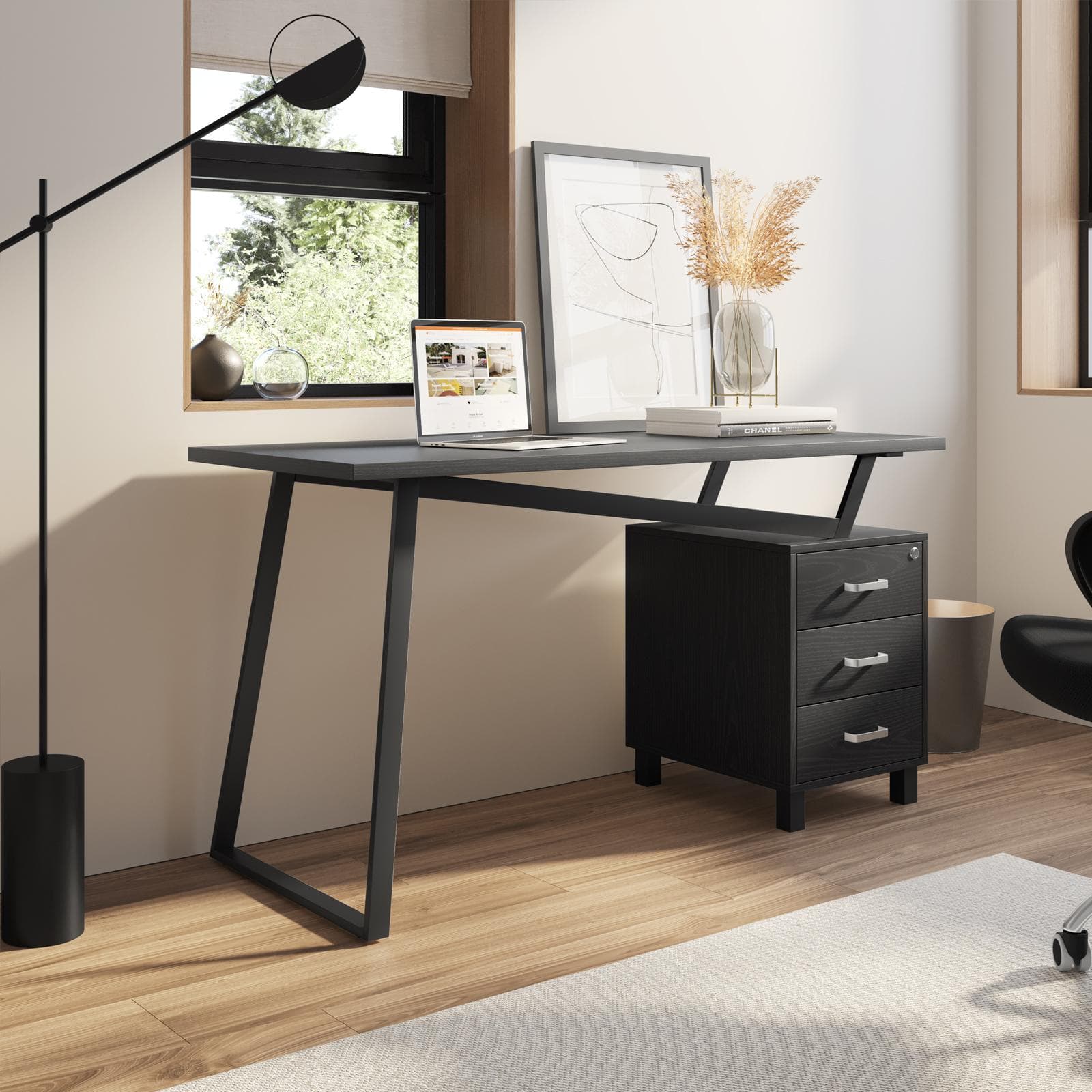 Scrivania 140x60 cm reversibile in legno e acciaio nero con cassettiera integrata - Arrow