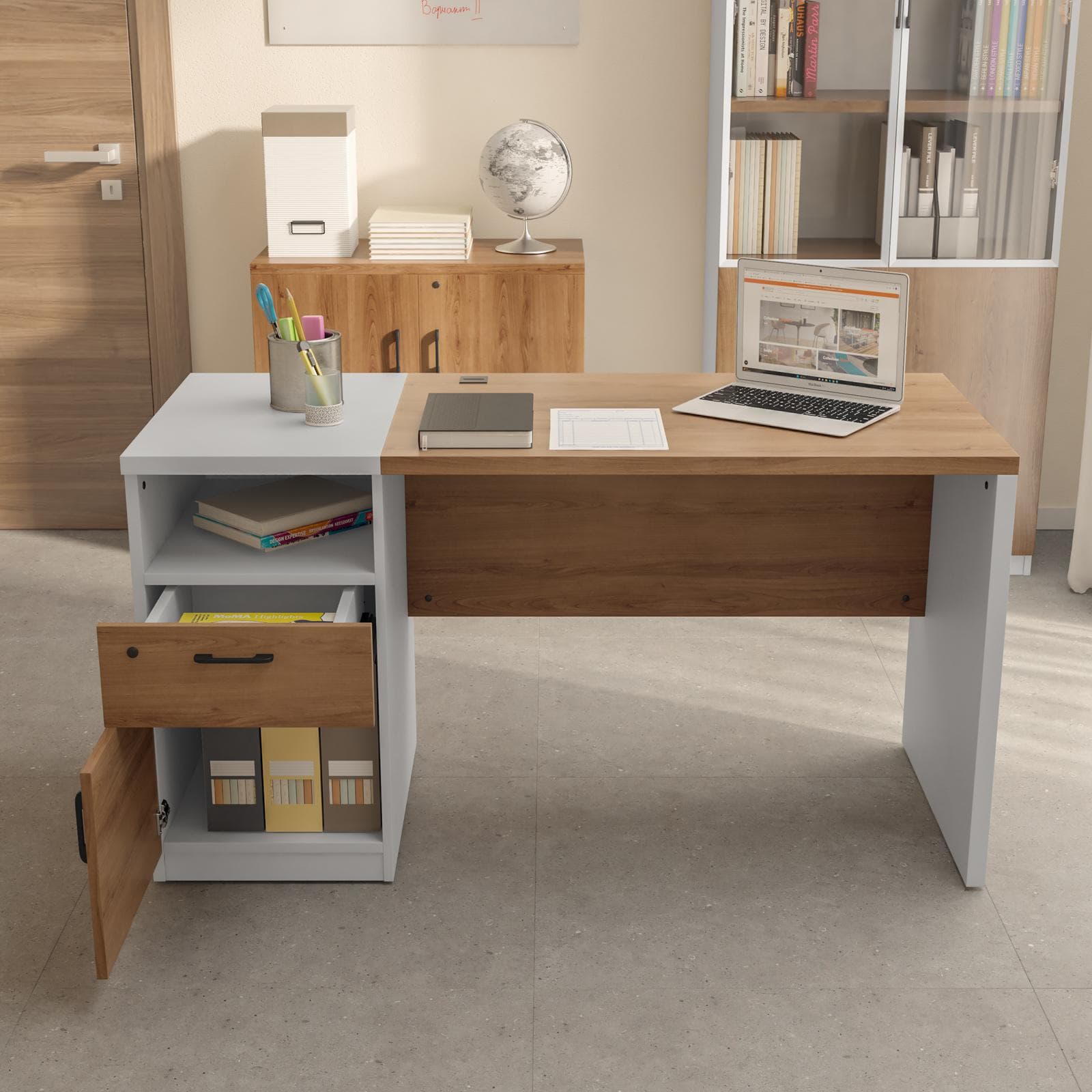 Scrivania 140x60 cm in legno bianco e rovere con cassettiera integrata e soft close - Lenox