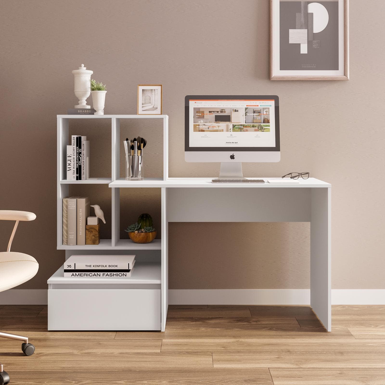 Scrivania 145x52 cm legno bianco con libreria e cassettone - Pretty