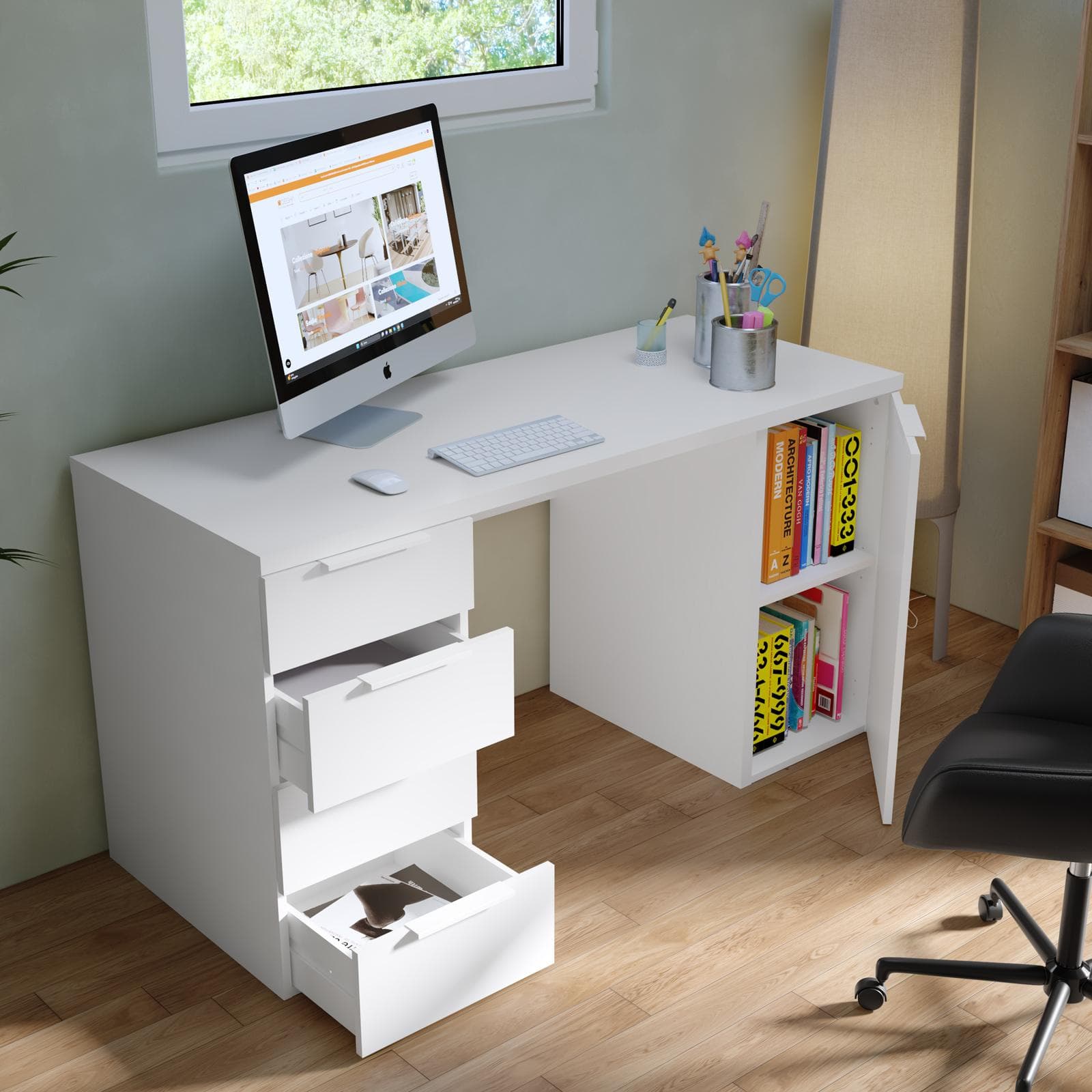 Scrivania 145x60 cm bianco opaco spessore top 30 mm con 4 cassetti e anta - Delhi