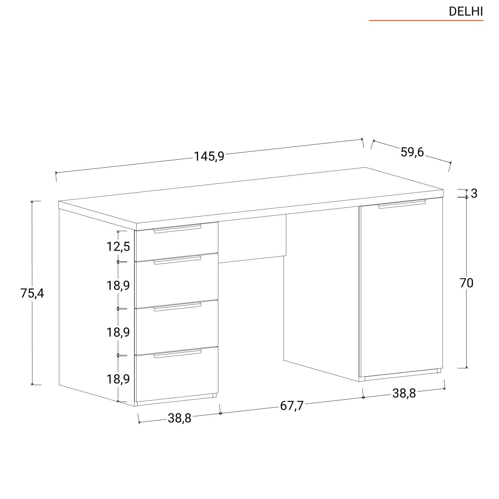 Scrivania 145x60 cm bianco opaco spessore top 30 mm con 4 cassetti e anta - Delhi