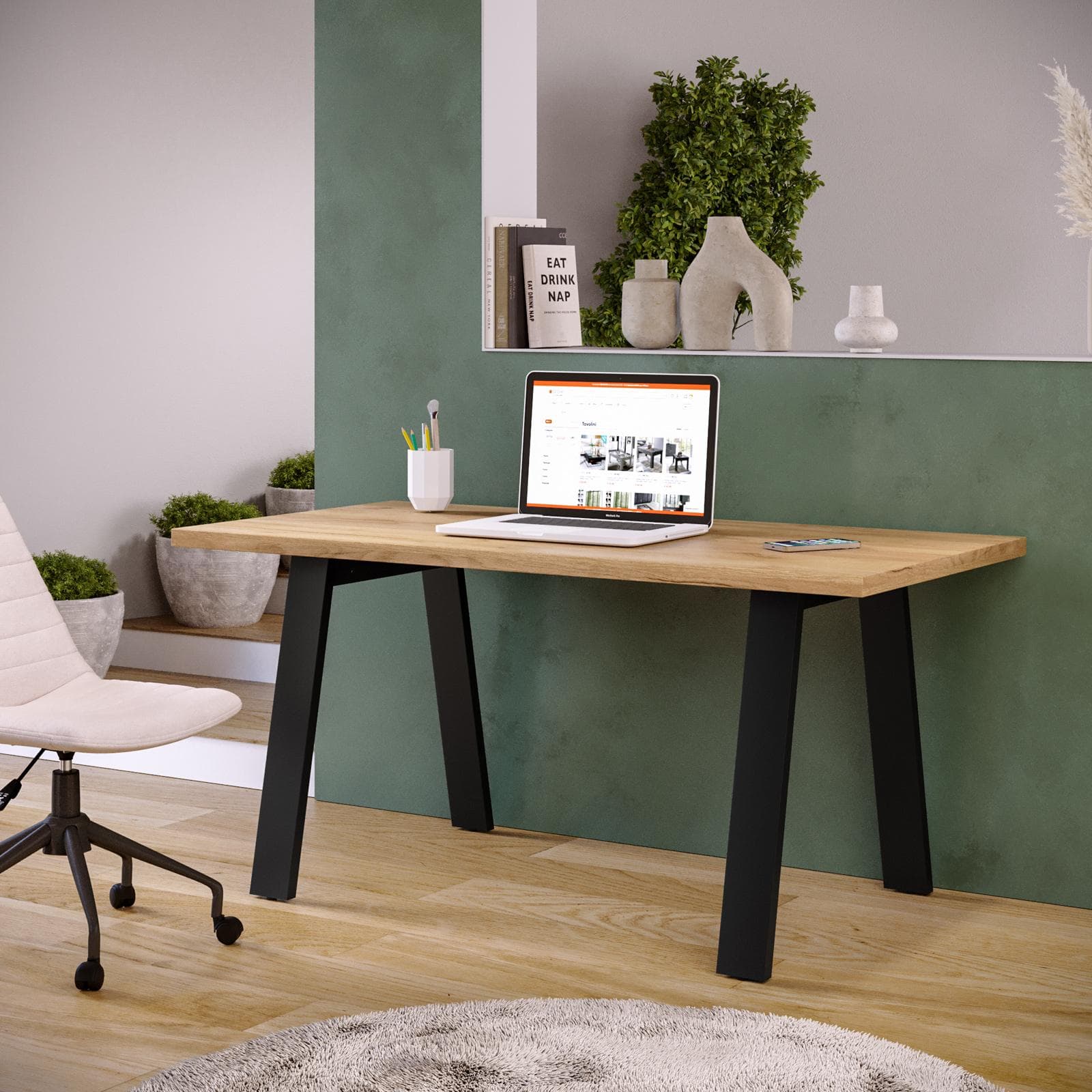 Scrivania 150x70 cm top effetto rovere gold 38 mm e gambe in metallo nero - Juls