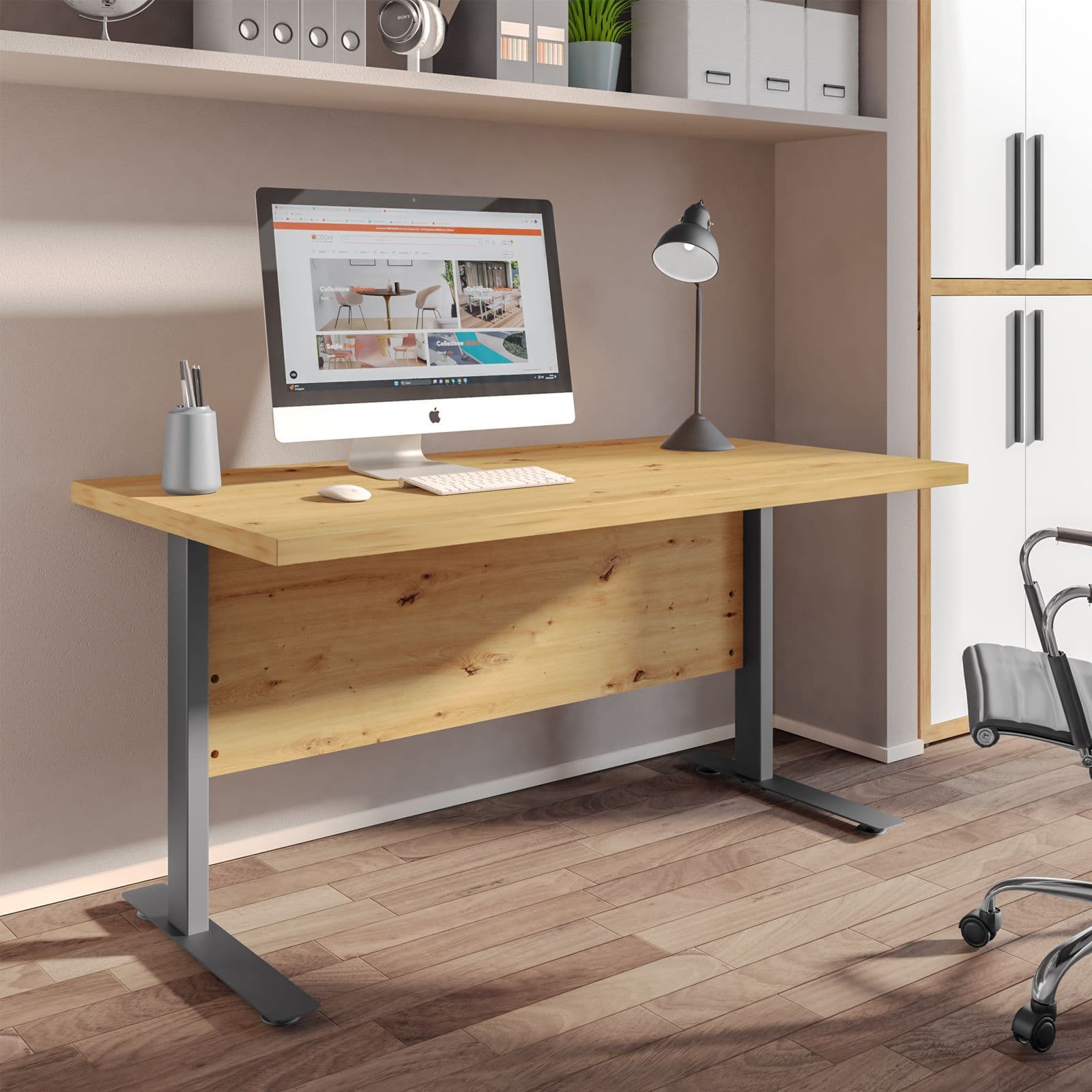 Scrivania 150x80 cm top in legno rovere artisan con spessore da 38 mm e gambe in metallo - Garen