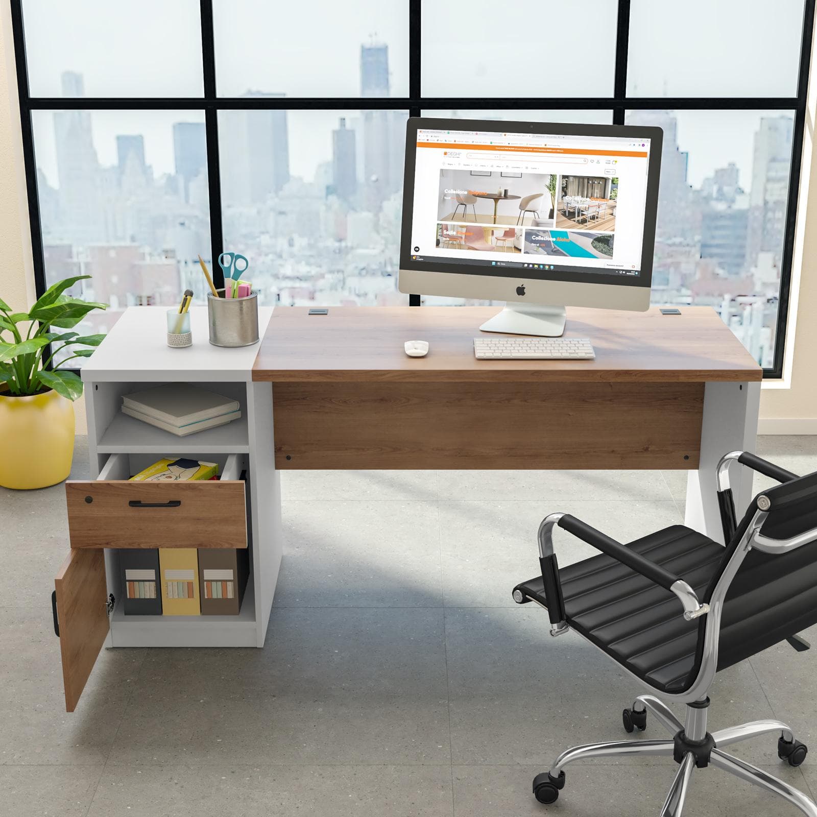 Scrivania 160x60 cm in legno bianco e rovere con cassettiera integrata e soft close - Lenox