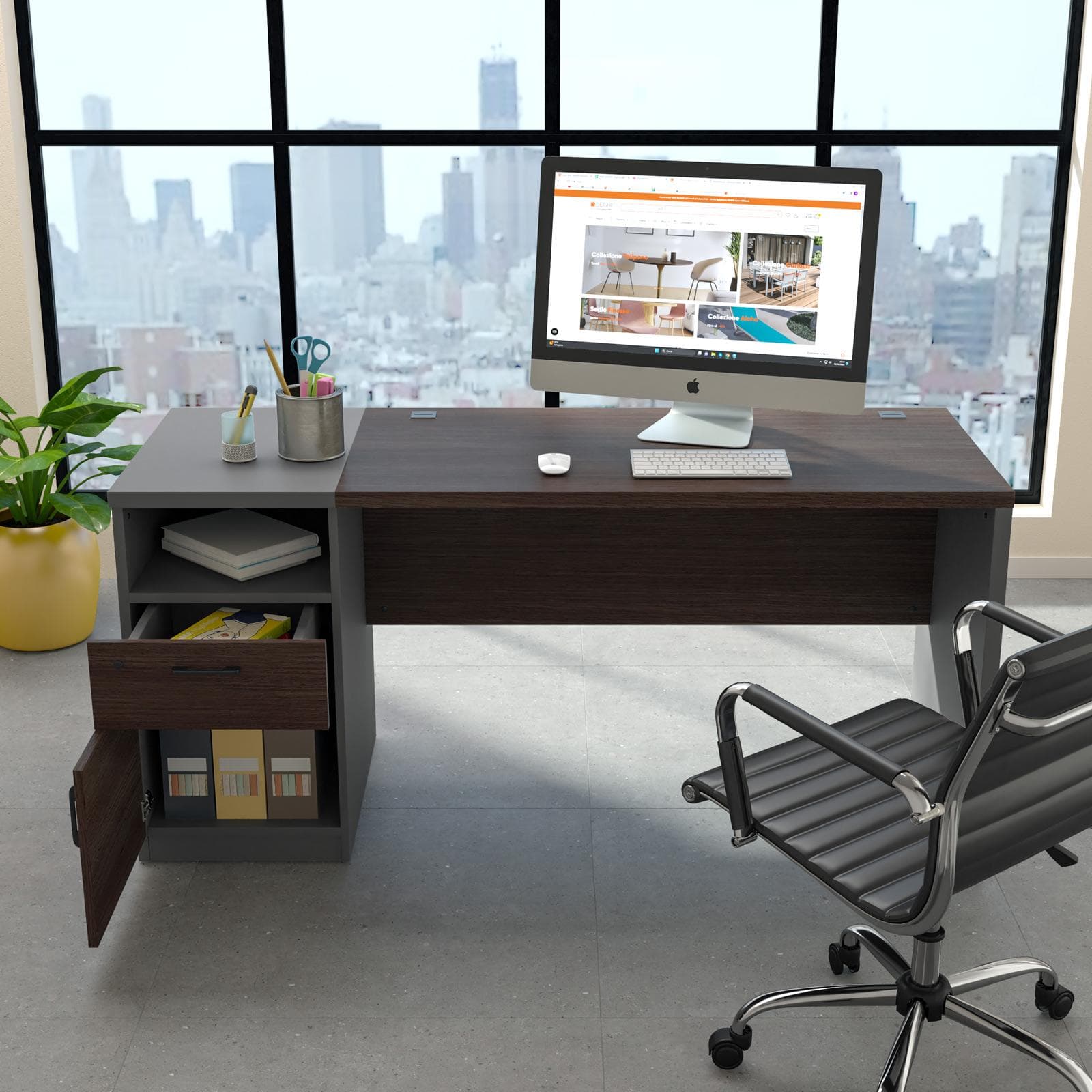 Scrivania 160x60 cm in legno noce e grigio con cassettiera integrata e soft close - Lenox