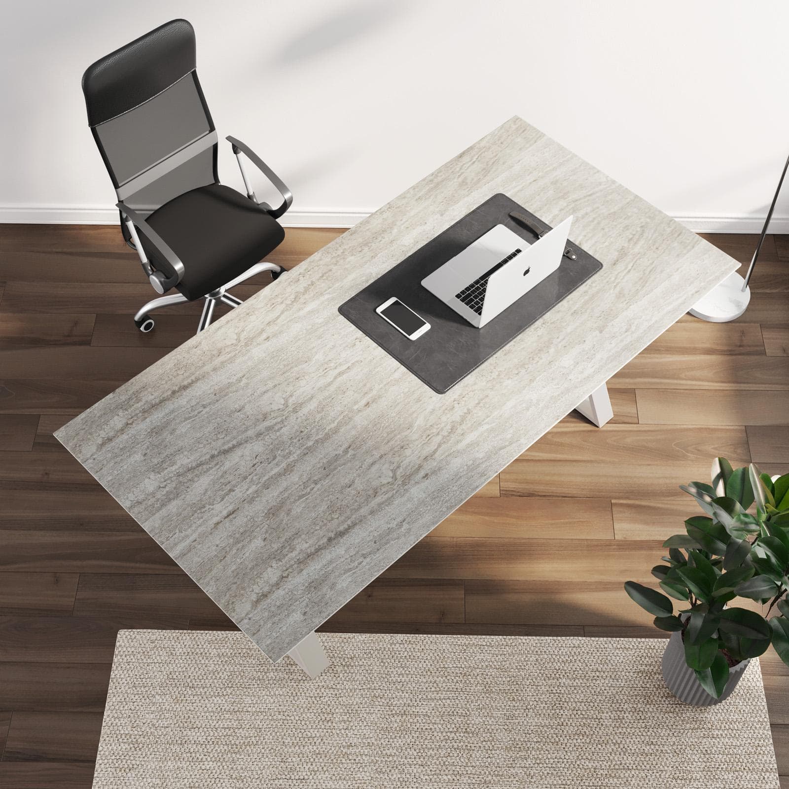 Scrivania 180x90 cm piano ceramica 12 mm effetto travertino e base in acciaio crema - Masao XL