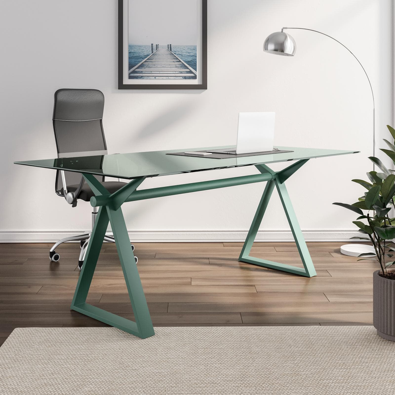 Scrivania 180x90 cm piano in vetro 10 mm e base in acciaio verde salvia - Masao XL