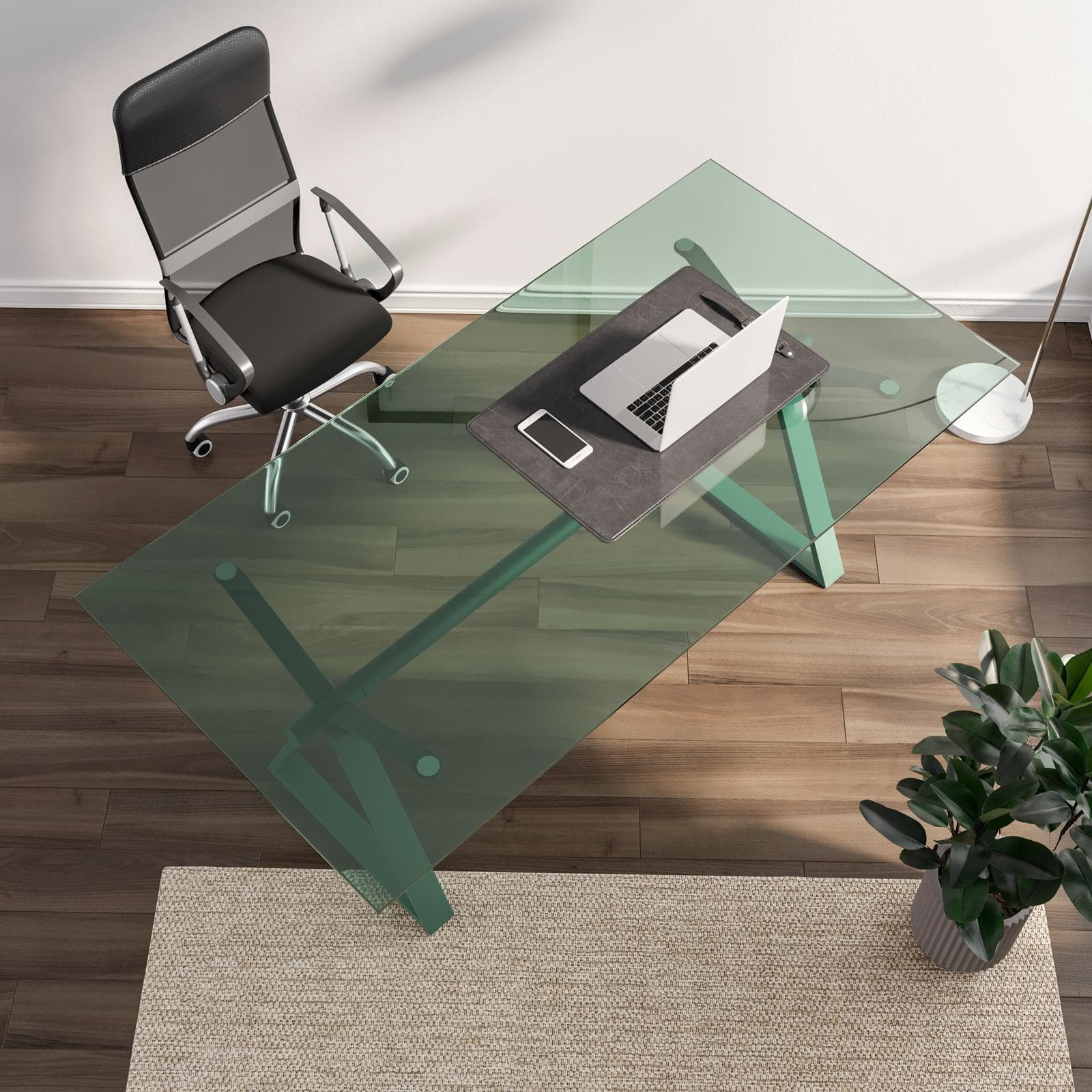 Scrivania 180x90 cm piano in vetro 10 mm e base in acciaio verde salvia - Masao XL