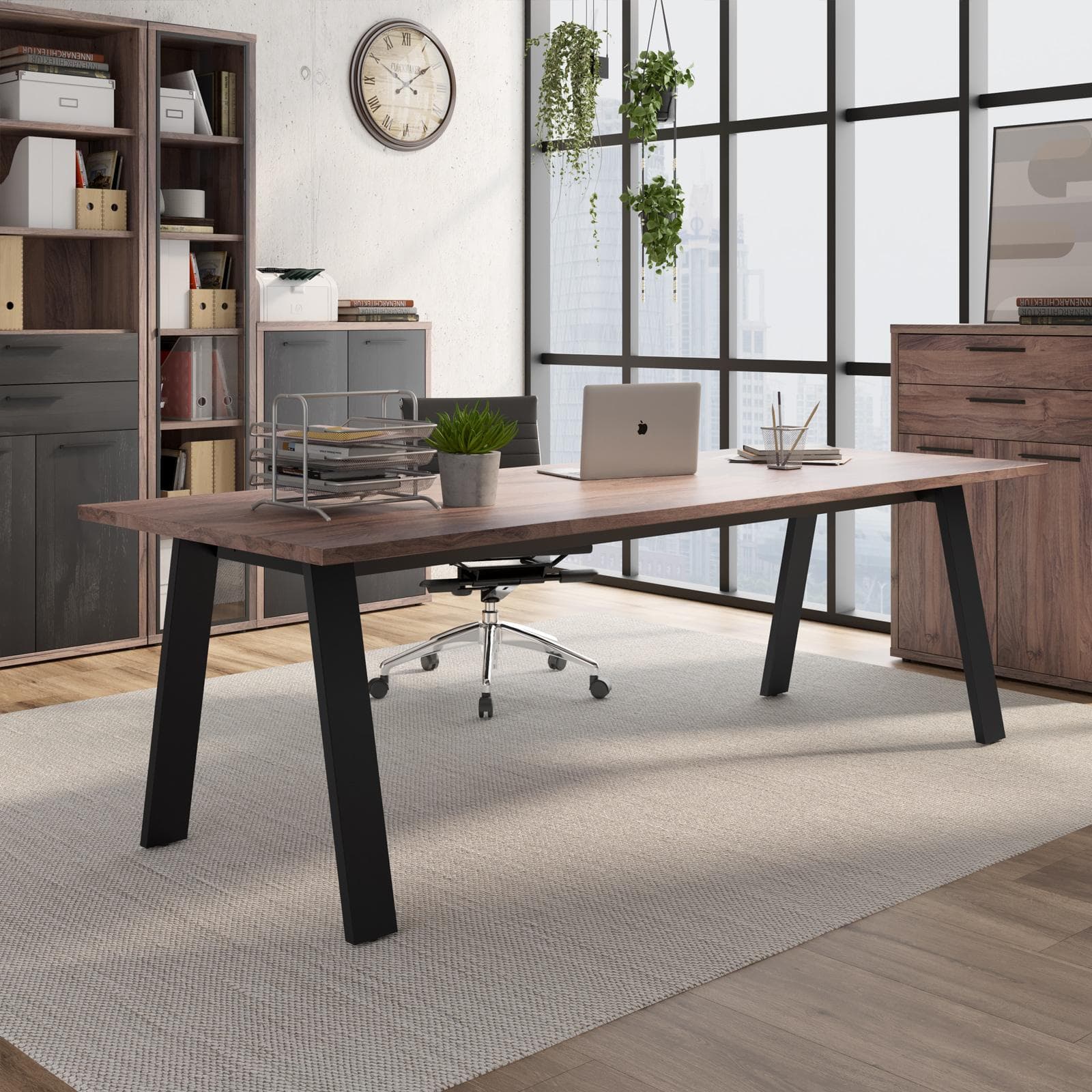 Scrivania 240x90 cm con top in legno noce e gambe in metallo nero - Historic brown